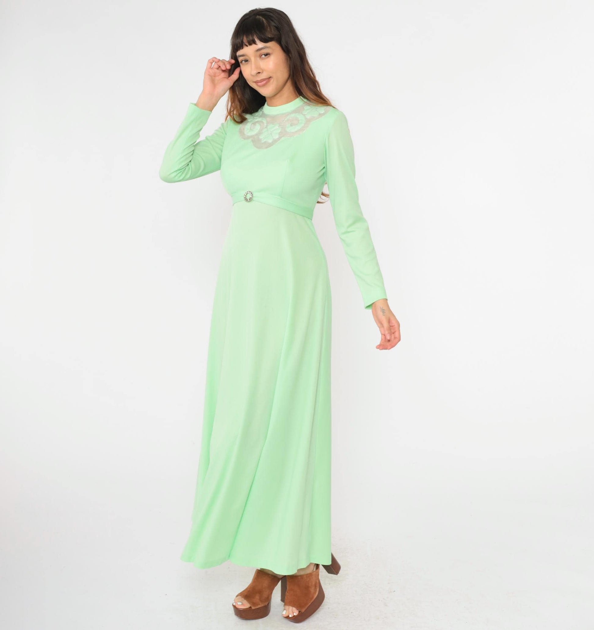 70s Mint Green Maxi Dress Embroidered Mesh Yoke Rhinestone Buckle Small