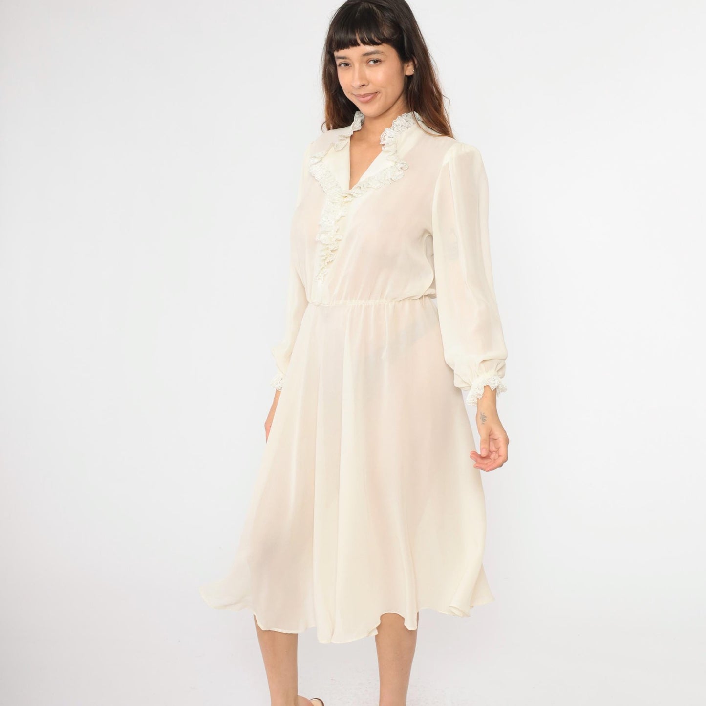 70s White Sheer Midi Dress Pearl Buttons Puff Sleeves High Waist Medium Large