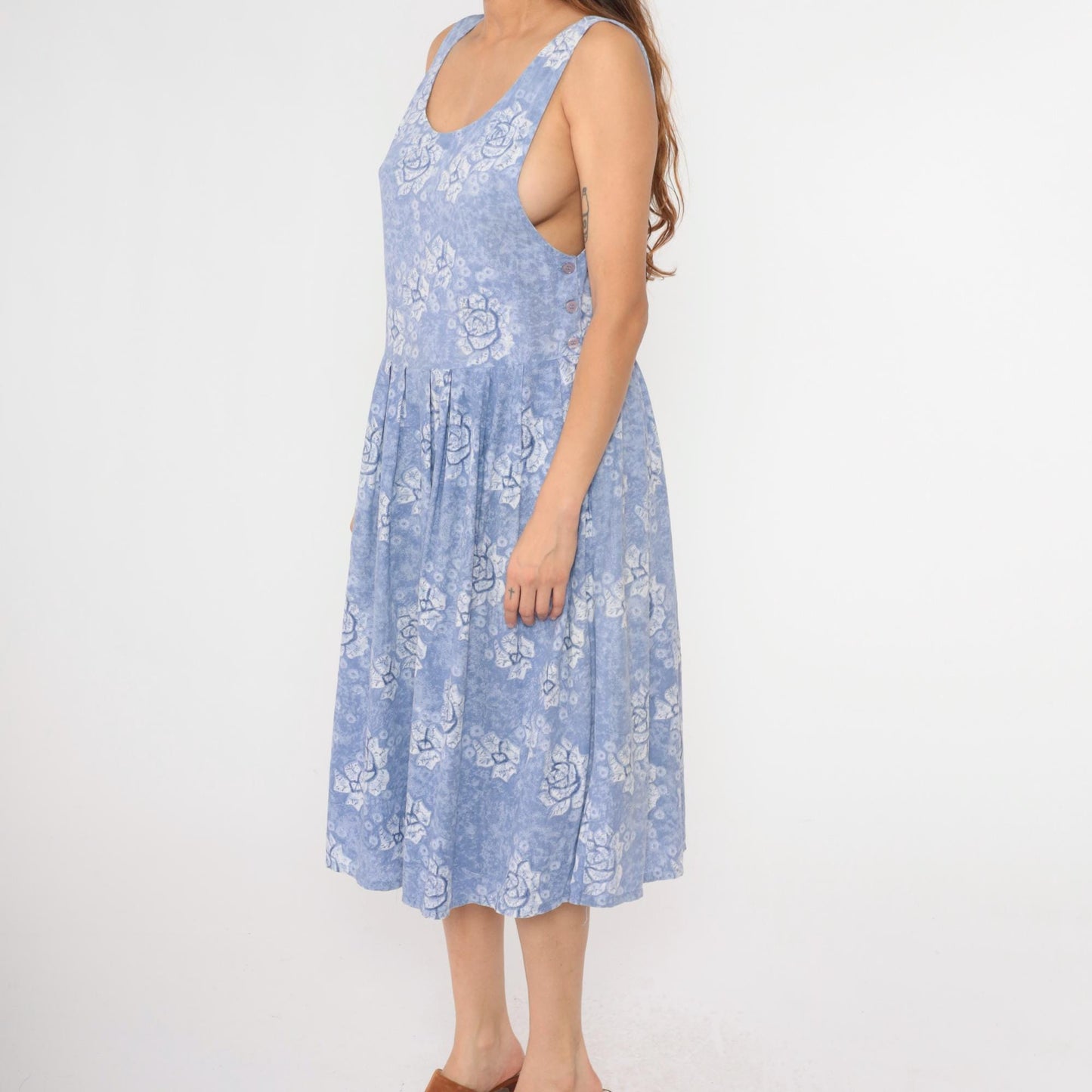 90s Periwinkle Floral Midi Dress Sleeveless Button Side Cotton Medium