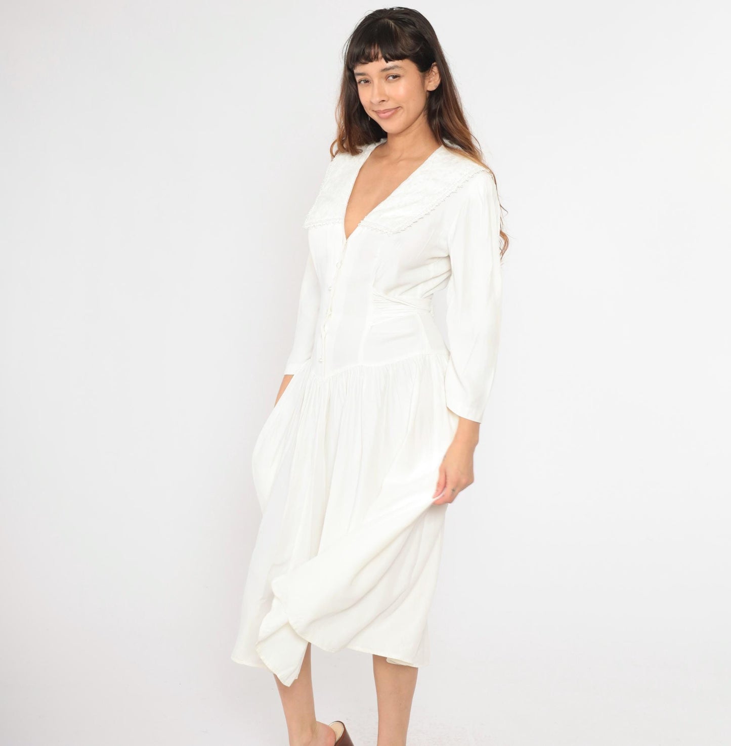 80s Jody California White Midi Dress Sailor Collar Button-Up Puff Sleeve Medium