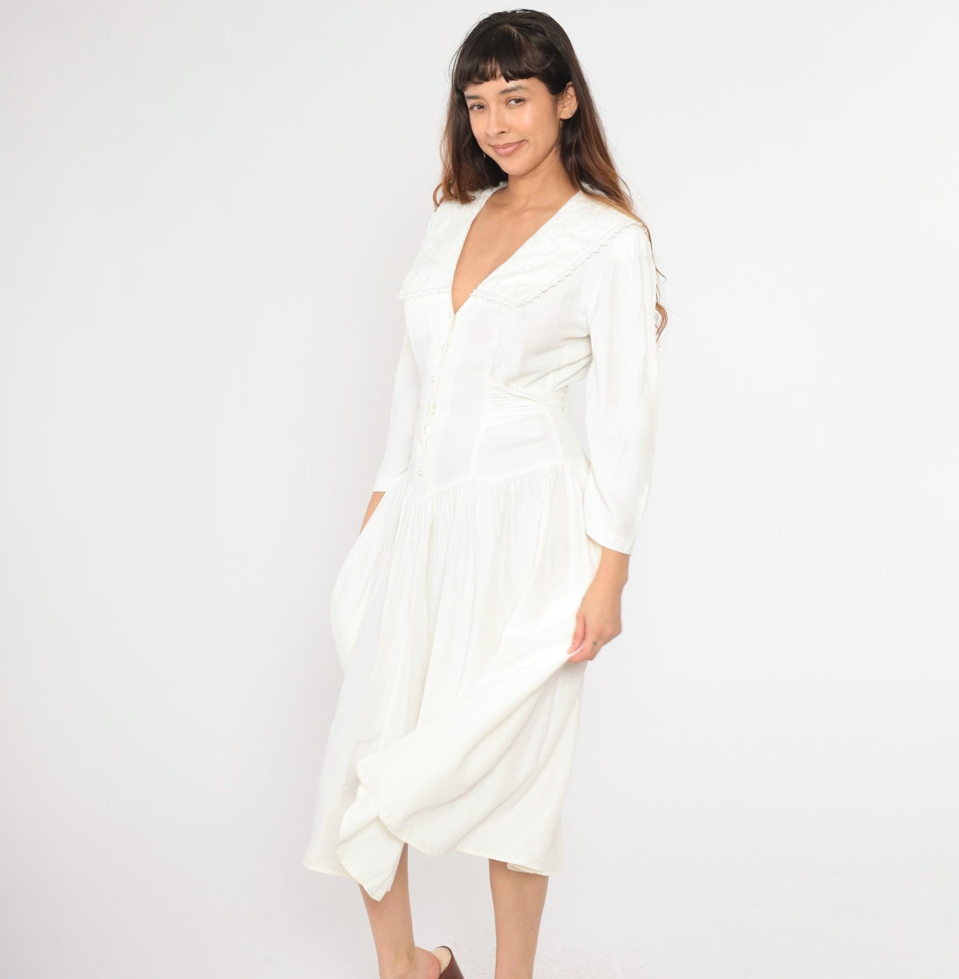 80s Jody California White Midi Dress Sailor Collar Button-Up Puff Sleeve Medium