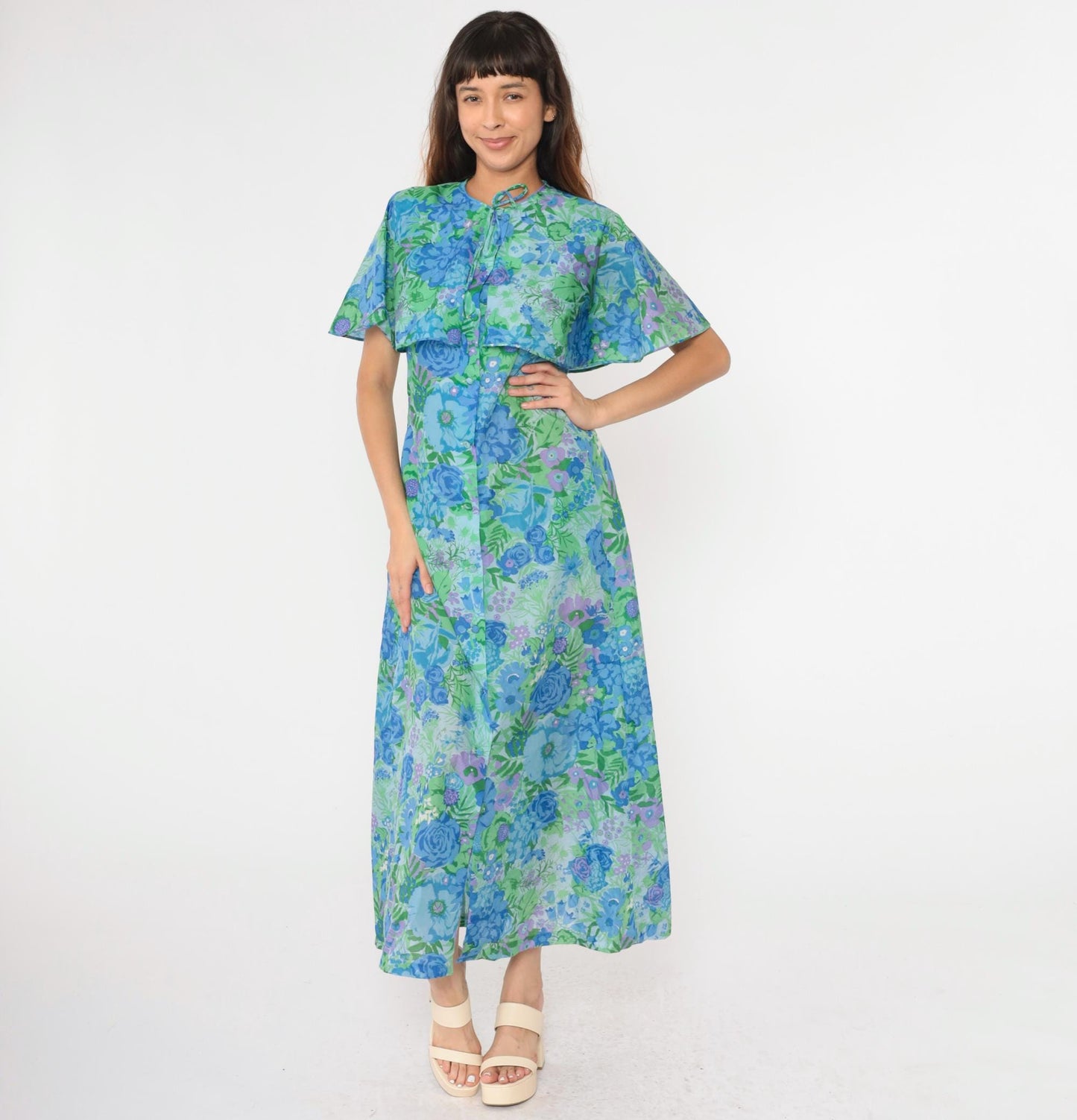 70s Lord & Taylor Floral Maxi Dress Blue Green Capelet Button Front Small