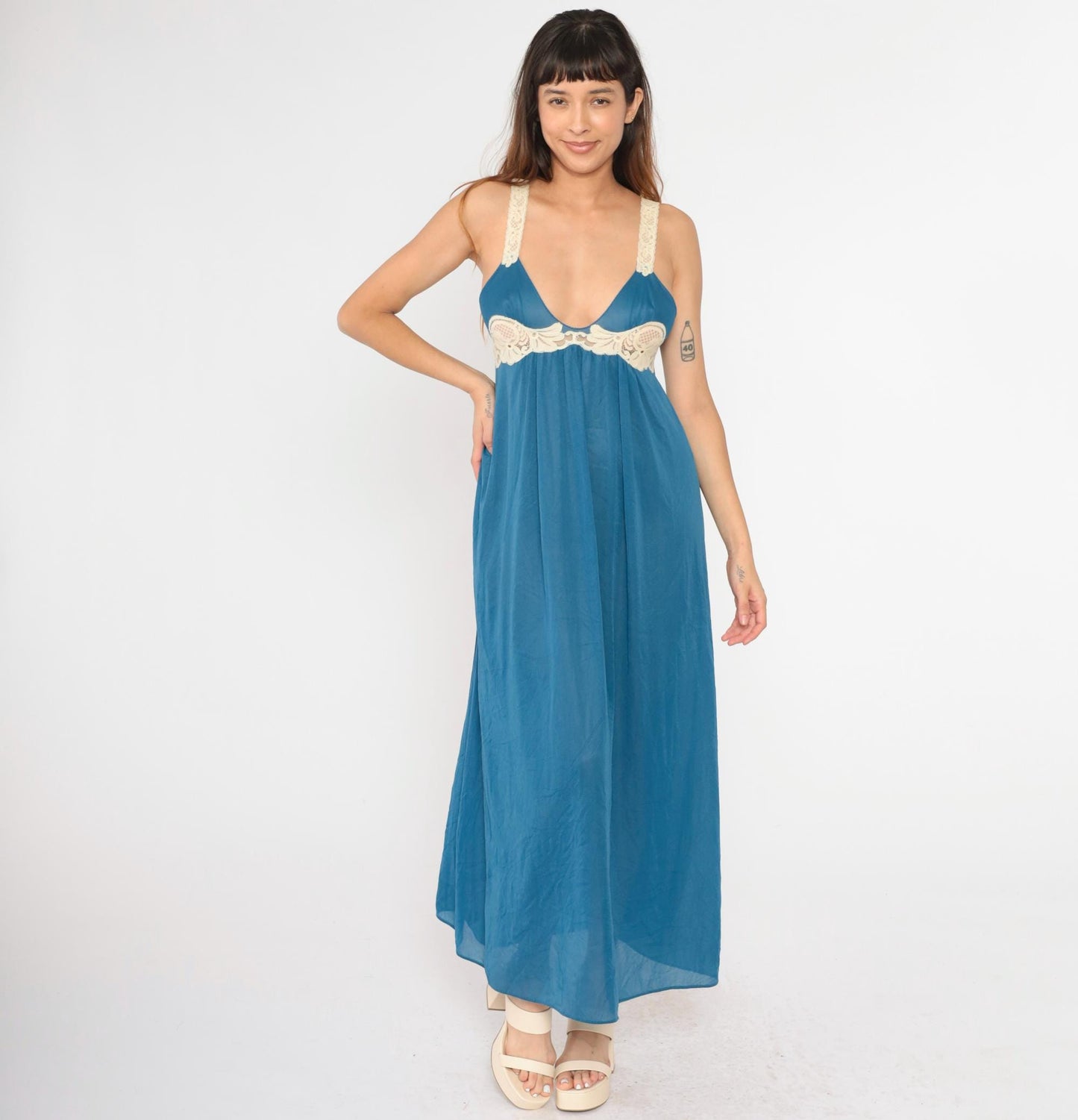 70s Kayser Blue Nylon Nightgown Cream Lace Trim Maxi Empire Waist Medium