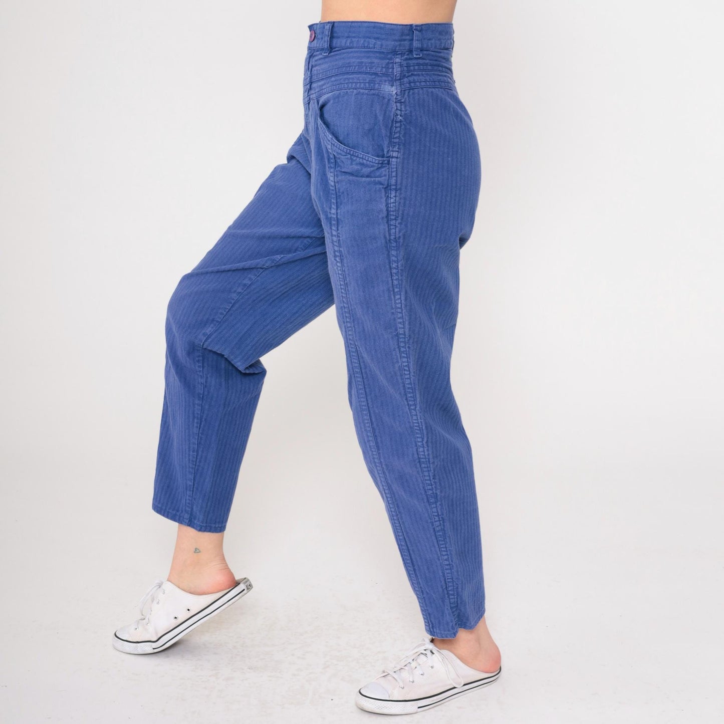 90s Blue Pinstriped High-Waist Tapered Pants Cotton Small