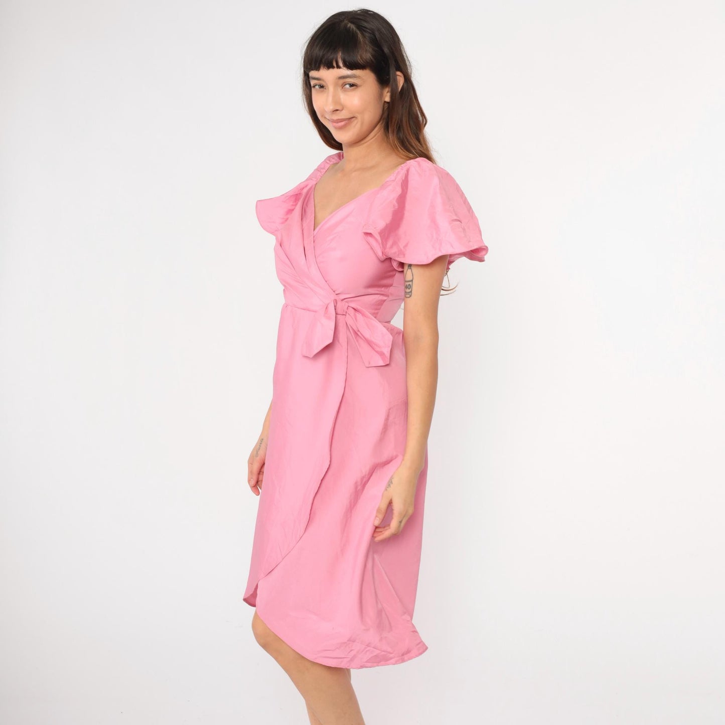 80s Pink Midi Prom Dress Flutter Sleeve V-Neck High Waist Bow Tulip Hem Small