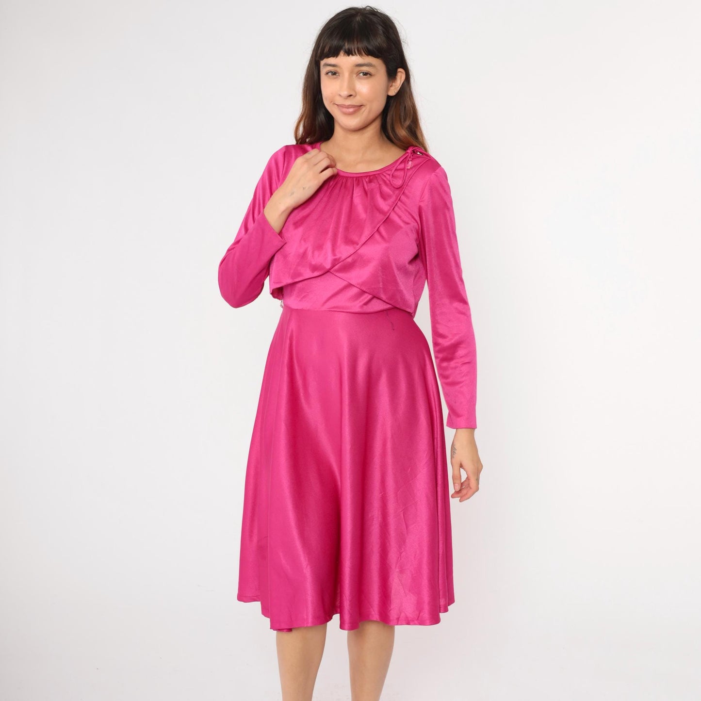 70s Fuchsia Grecian Draped Midi Dress Tie Shoulder Long Sleeve Small