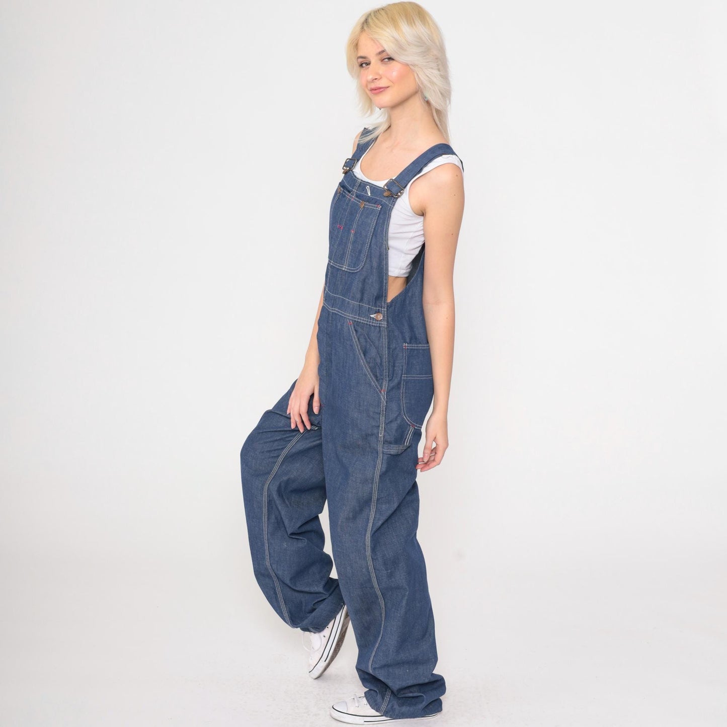 70s Dark Blue Denim Bib Overalls Wide Leg Long Dungarees Small S