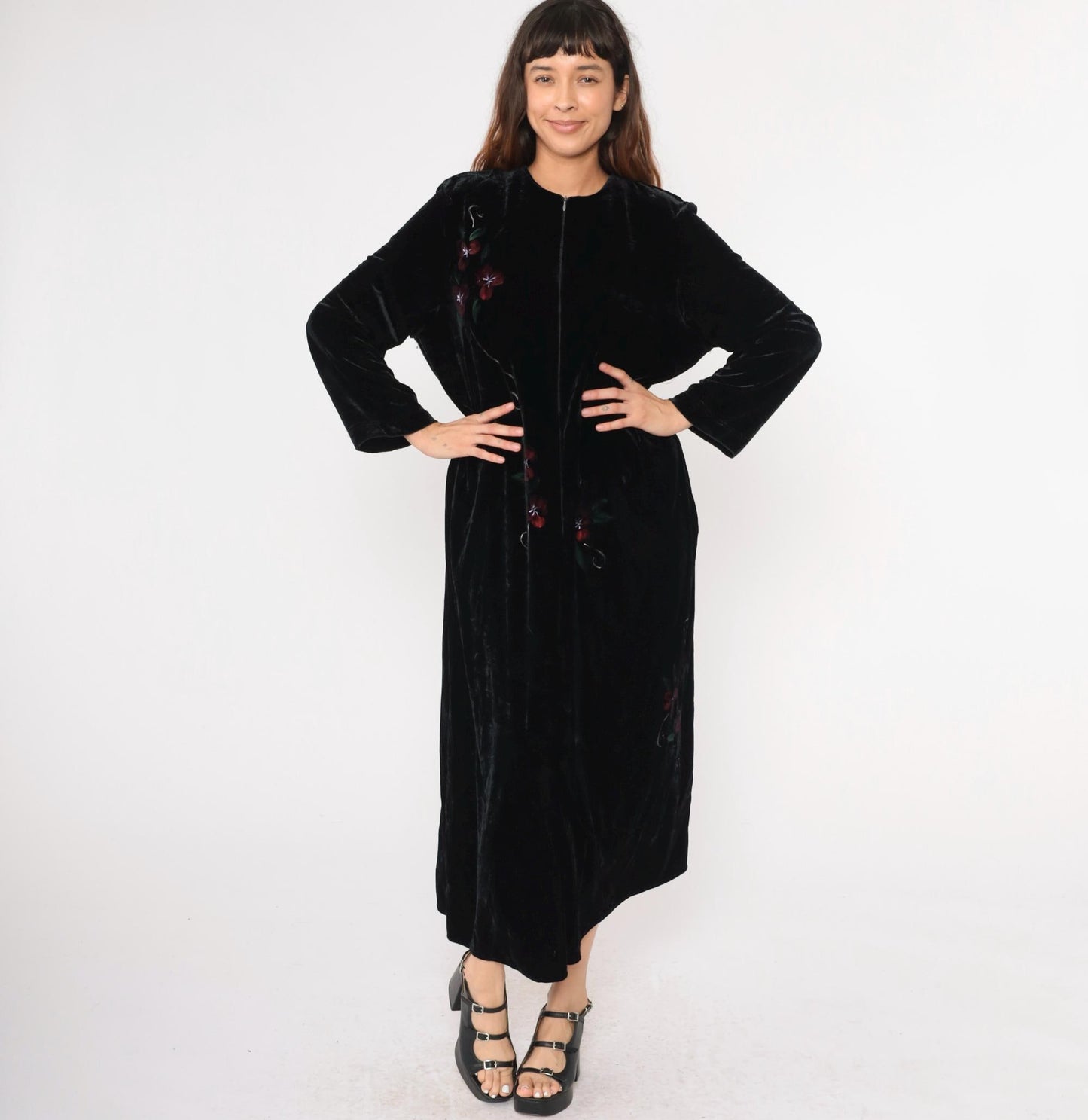 80s Exquisite by Judith Lebkoff Velour Maxi Lounge Dress Black Floral Hand Painted Large