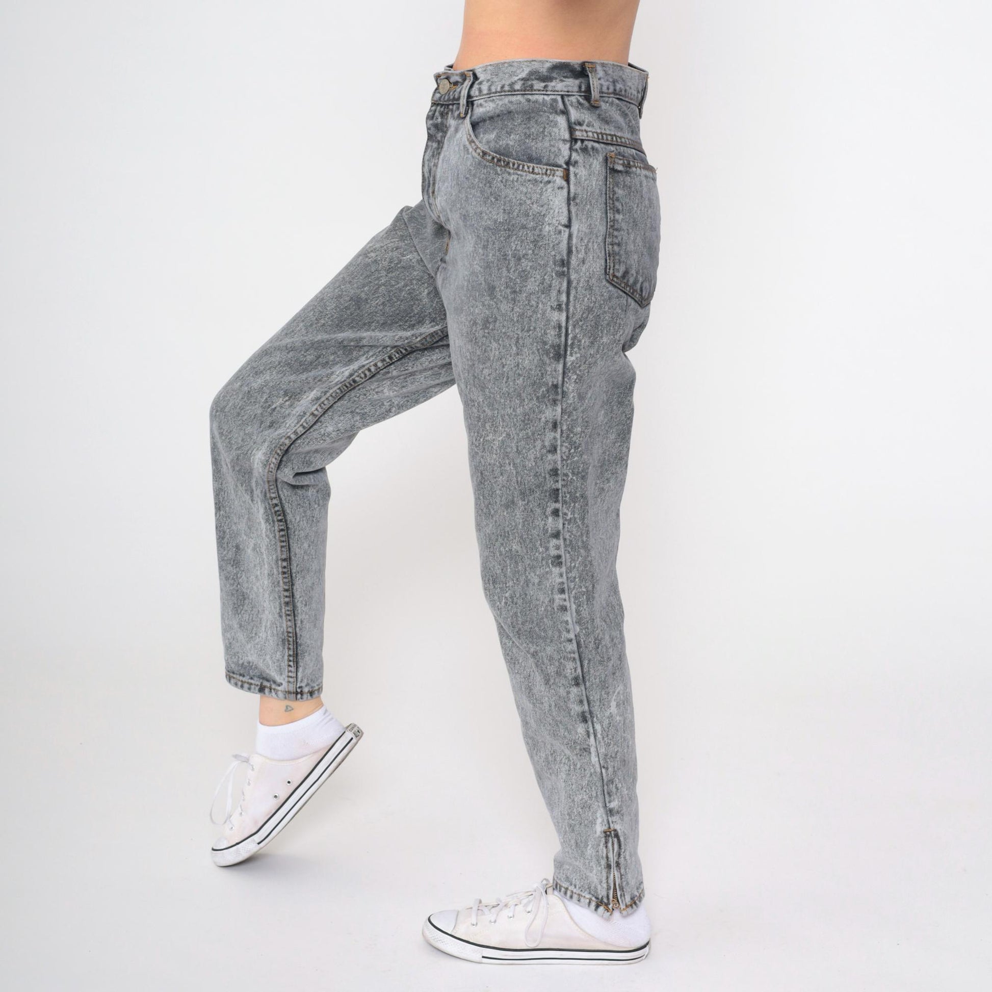 90s Hunt Club Acid Wash High-Waist Jeans Ankle Zip Grey Denim Small