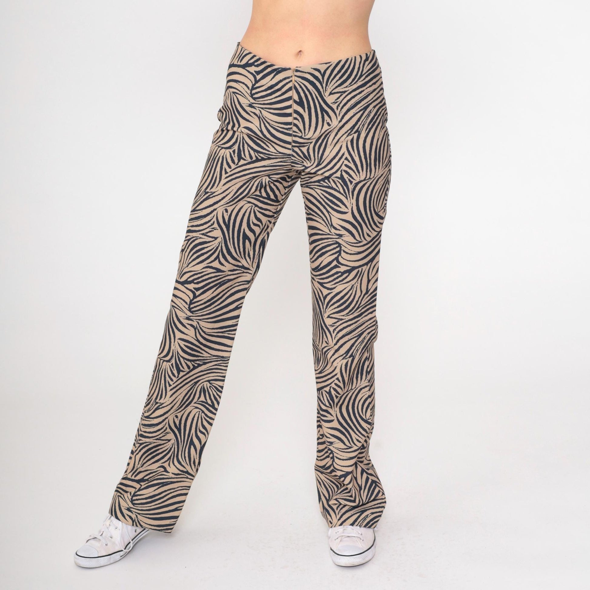 Y2K Zebra Stripe Flared Pants Black Tan Mid Rise Front Zip Medium 9