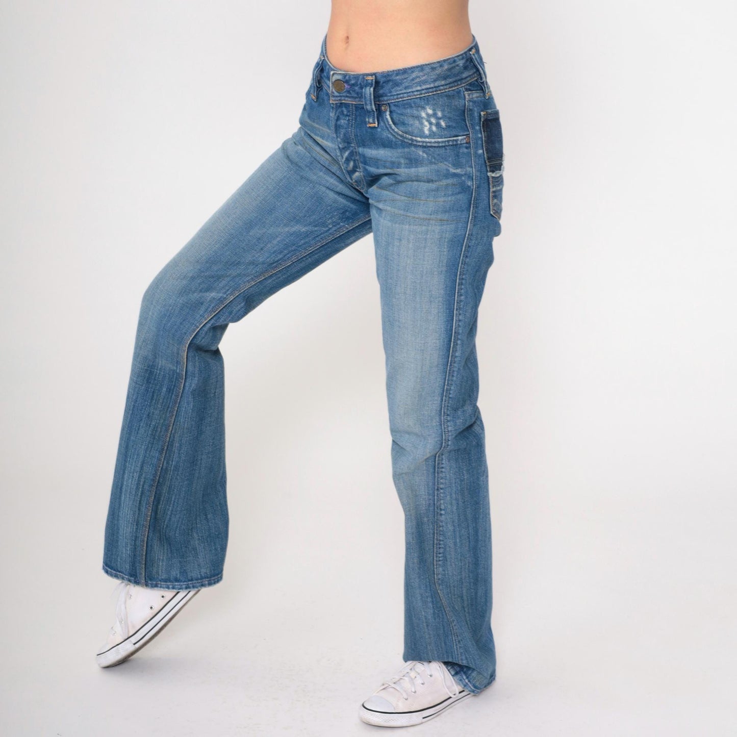 00s Diesel Industry Bootcut Jeans Mid Rise Faded Blue Distressed Denim Small 27