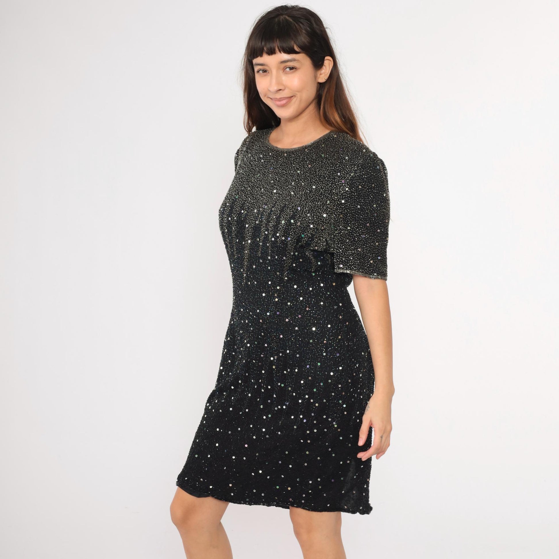 90s Black Silk Beaded Sequin Mini Dress Sleeveless Shift Medium Large