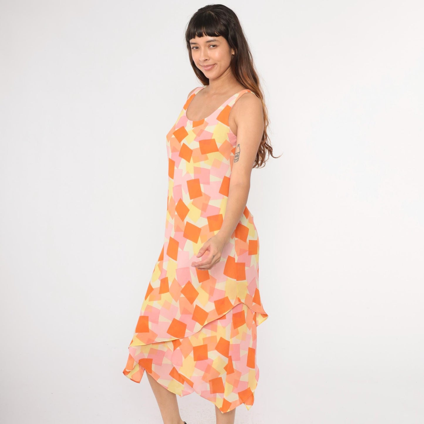 Y2K Geometric Asymmetrical Hanky Hem Shift Dress Orange Pink Yellow Large 12