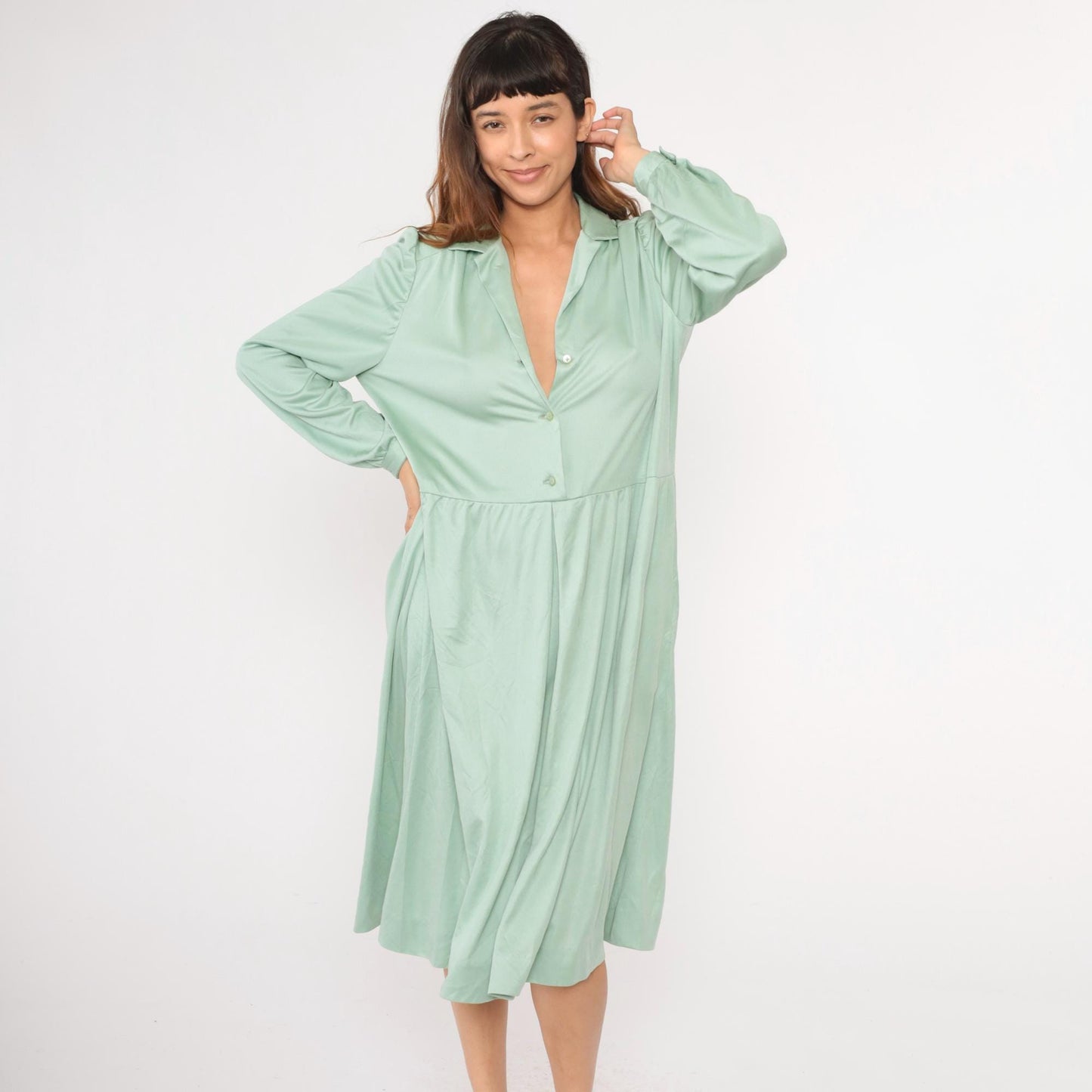 70s Light Green Midi Shirtdress Button-Up High Waisted Collared Long Sleeve Extra Large