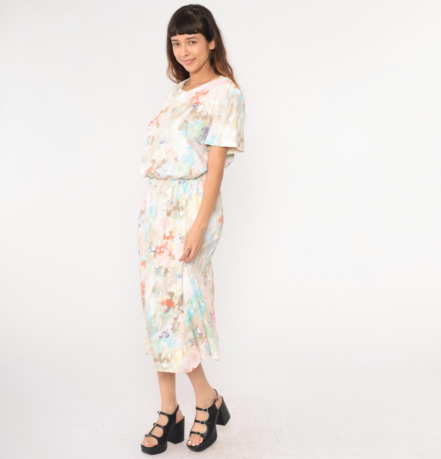 80s Watercolor Floral Midi Dress High Waist Blouson Pink Brown Blue Large