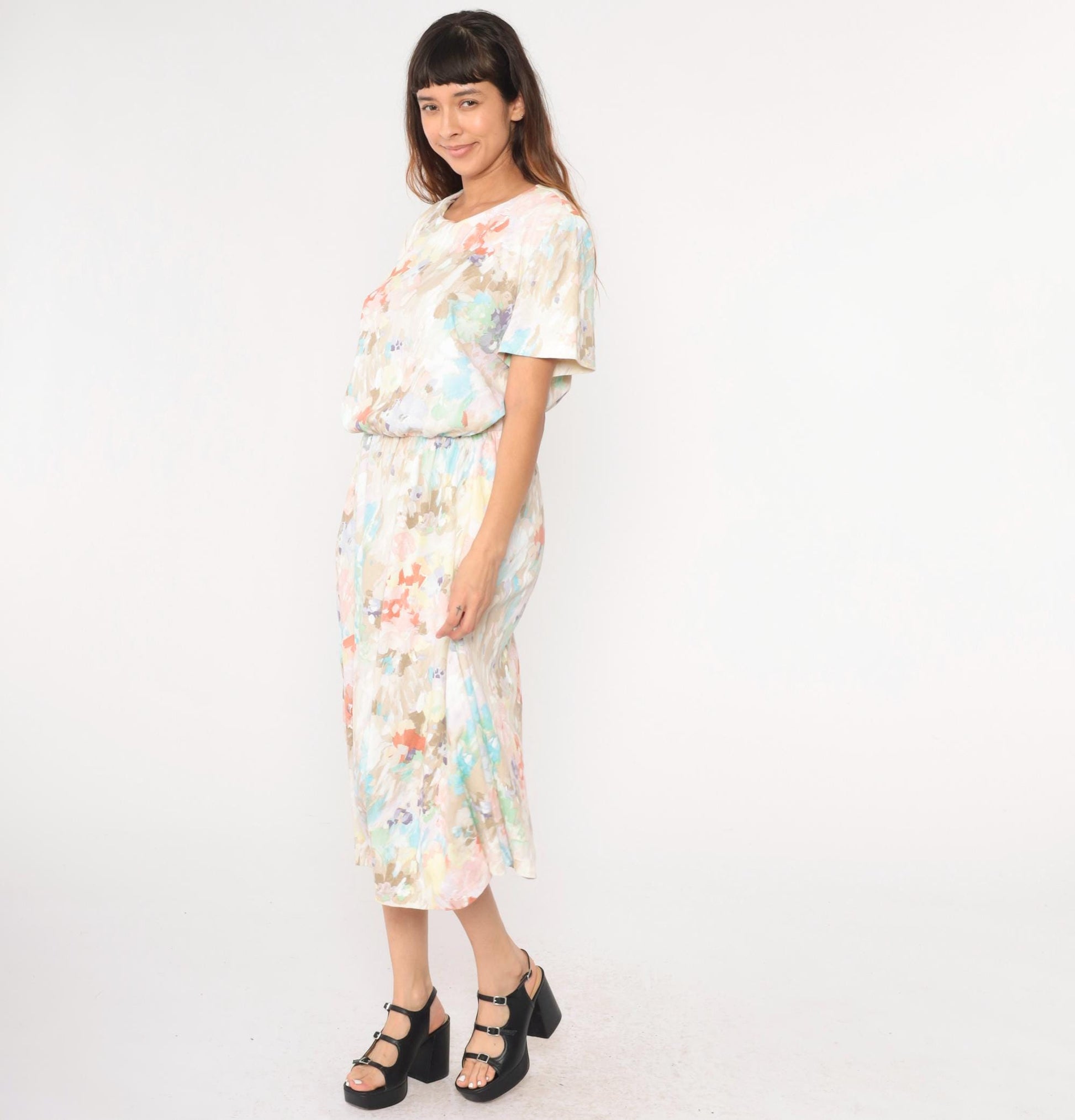 80s Watercolor Floral Midi Dress High Waist Blouson Pink Brown Blue Large