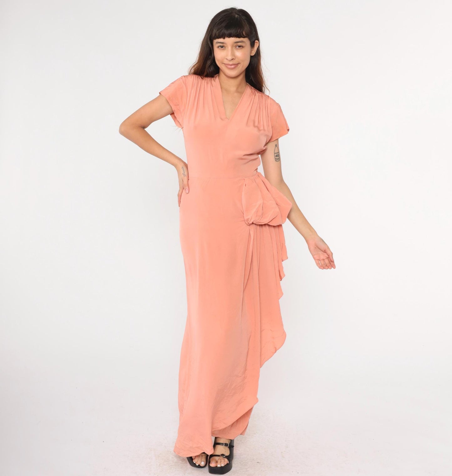 1940s Peach Pink Flutter Sleeve Maxi Gown Metal Side Zip Small