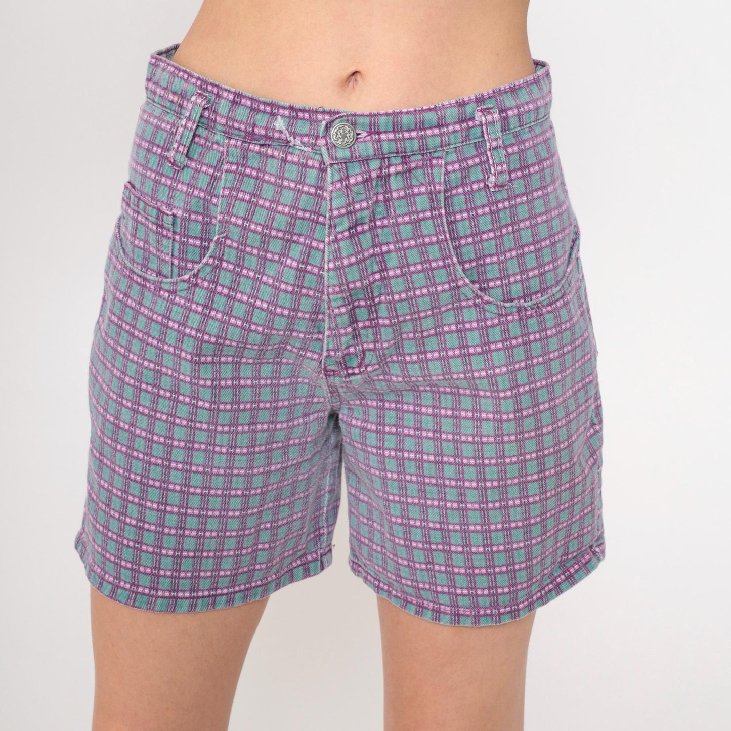 90s Wet Seal Checkered Denim Shorts High Waist Purple Green Small