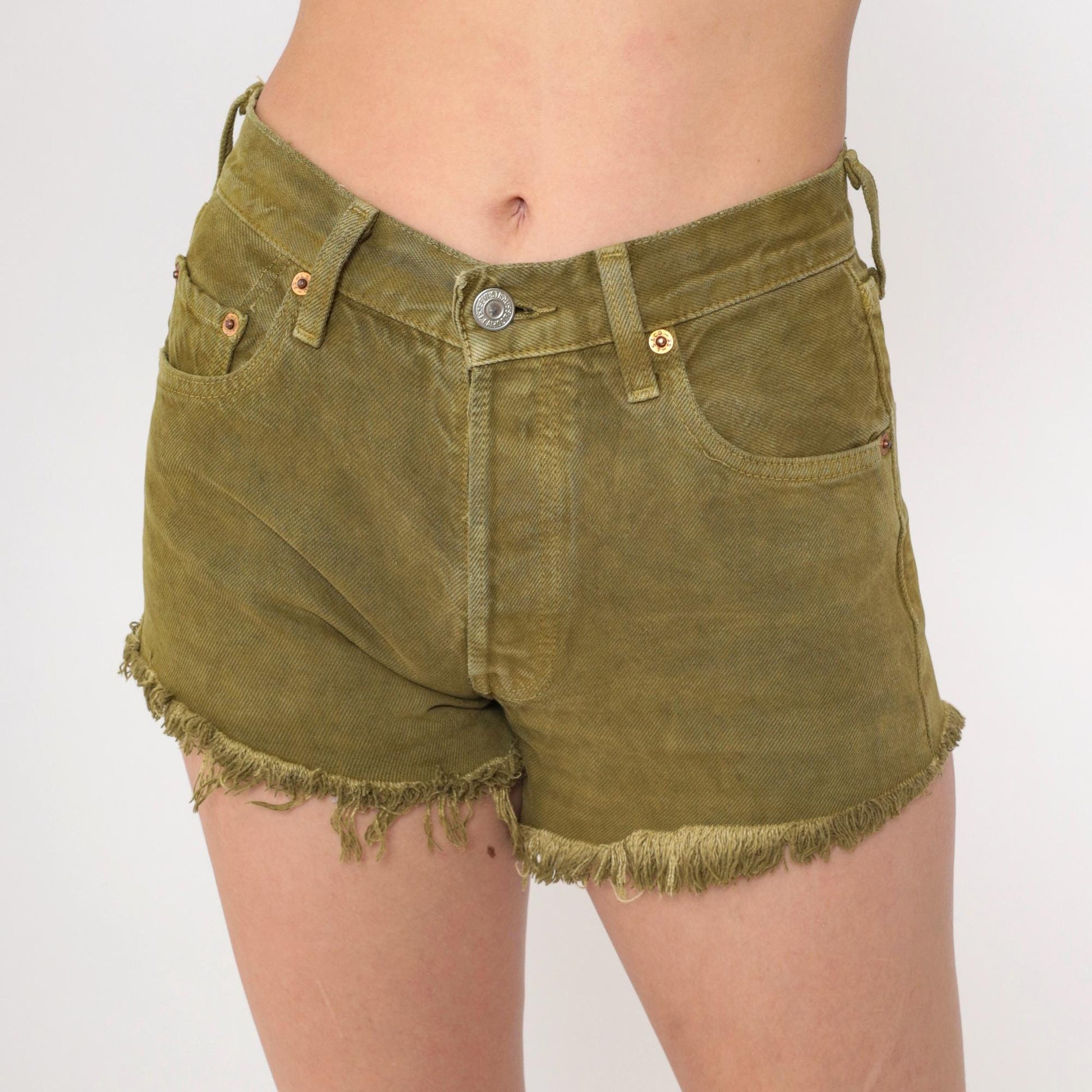 90s Levi's 501 Olive Denim Cutoff Shorts High Waist Frayed Extra Small