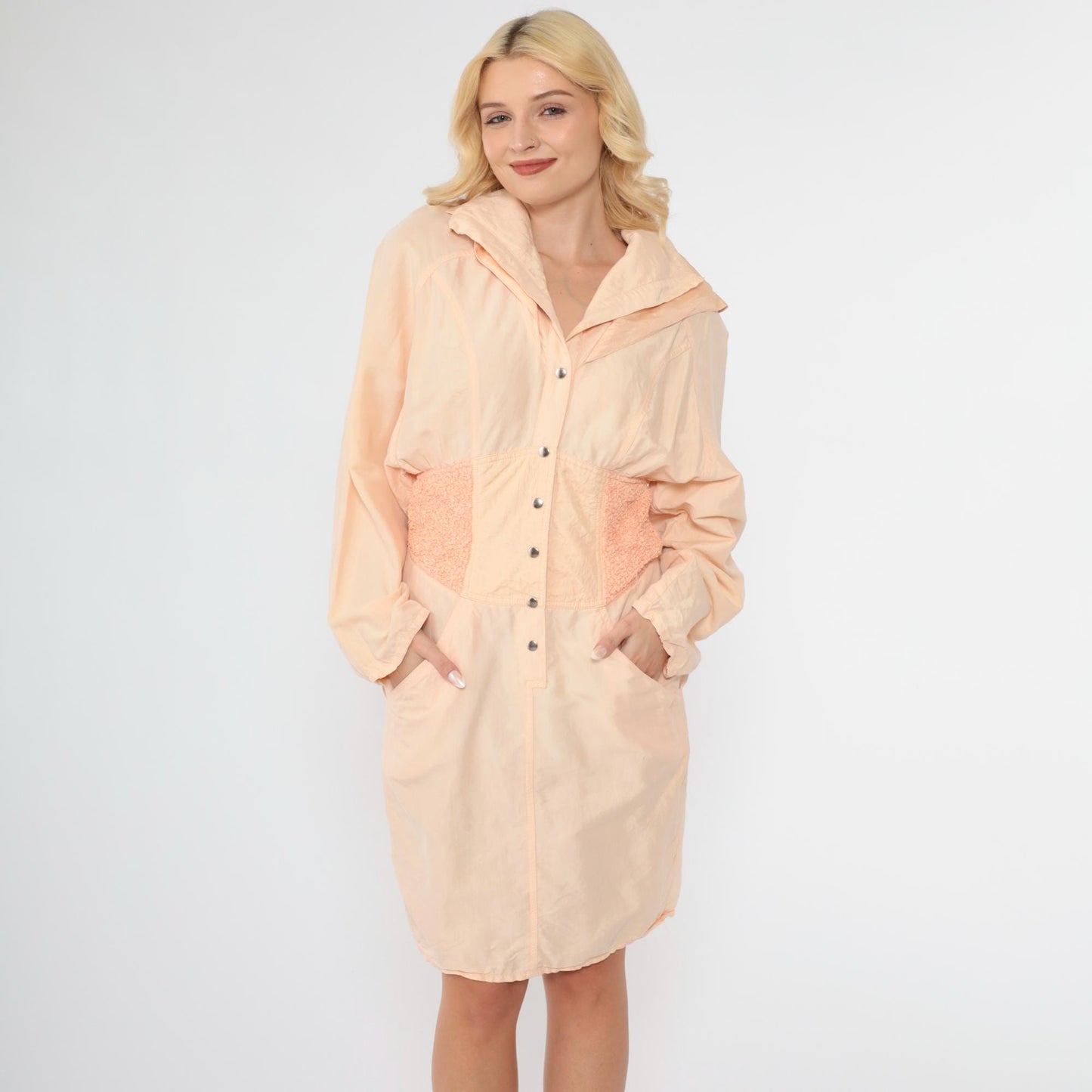 80s Marshall Rousso Peach Snap Mini Shirtdress High Waist Small