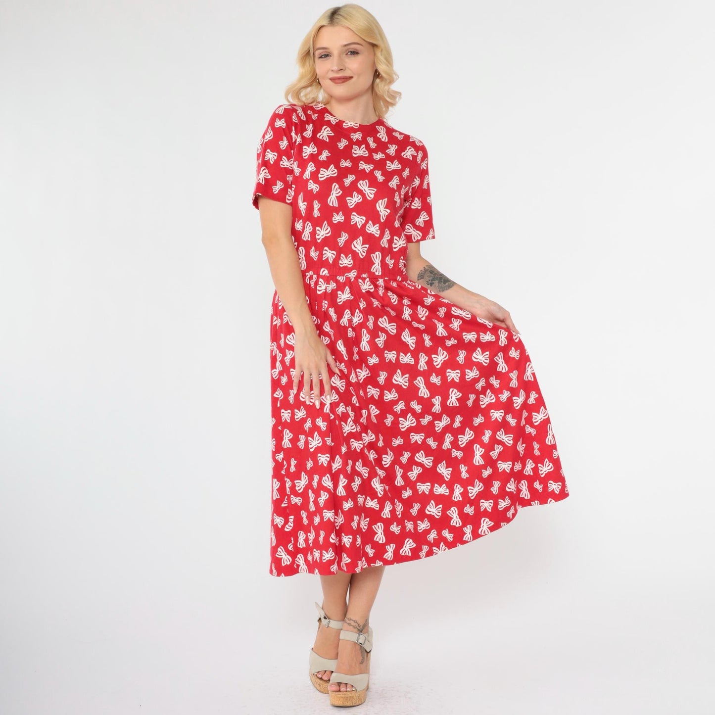 90s Talbots Red Bow Print Midi Dress Pleated Button Back Small