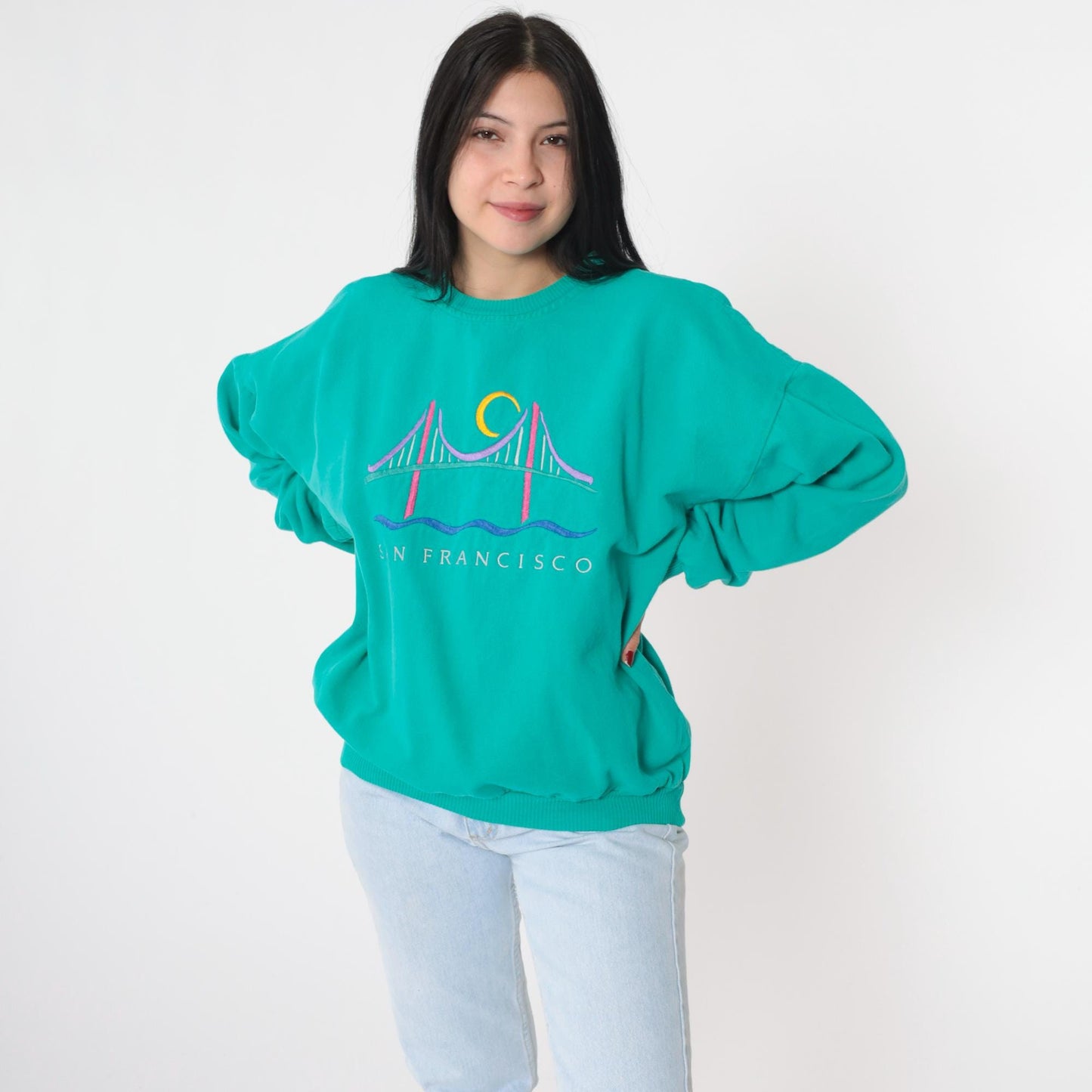 90s San Francisco Golden Gate Bridge Embroidered Sweatshirt Teal Cotton Medium