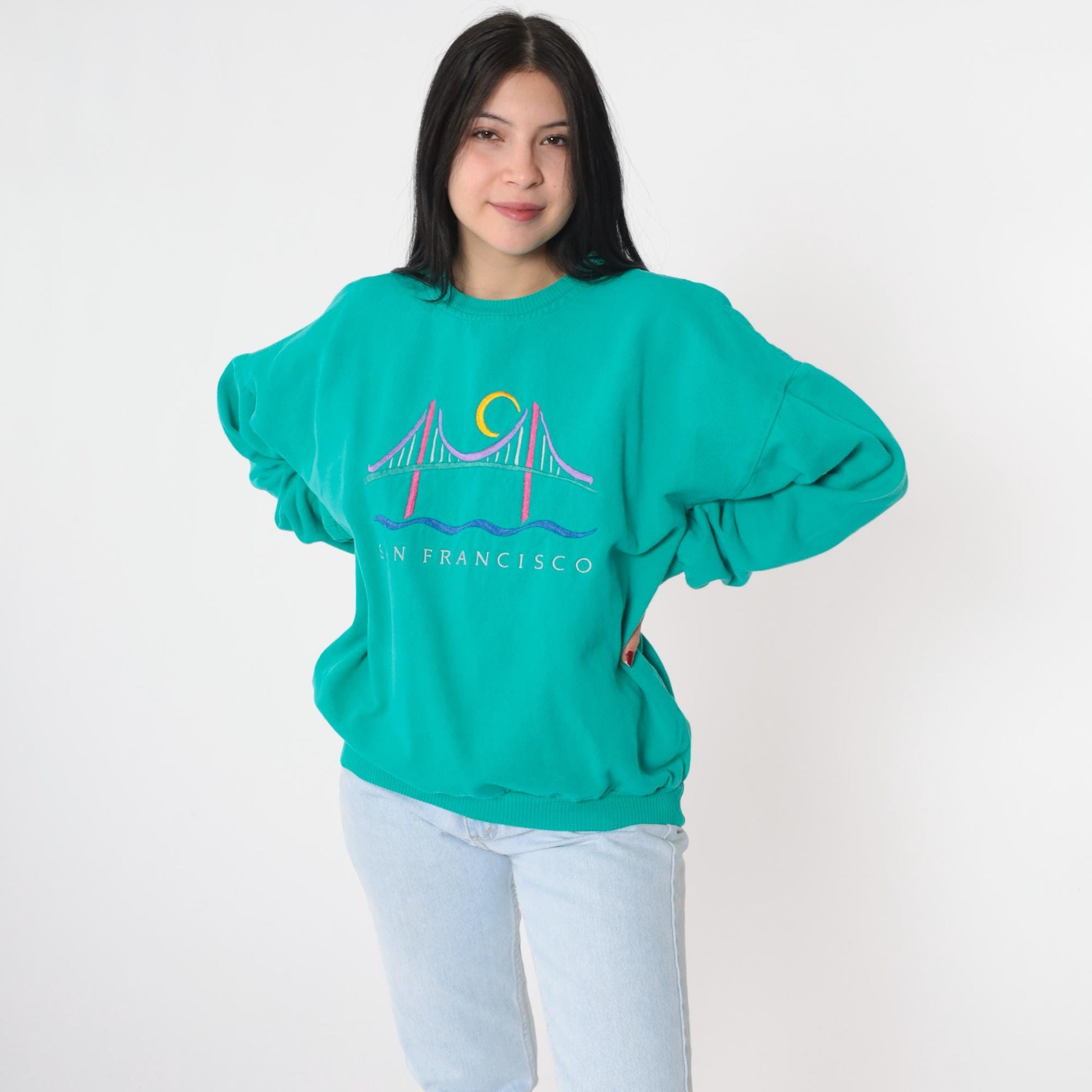 90s San Francisco Golden Gate Bridge Embroidered Sweatshirt Teal Cotton Medium