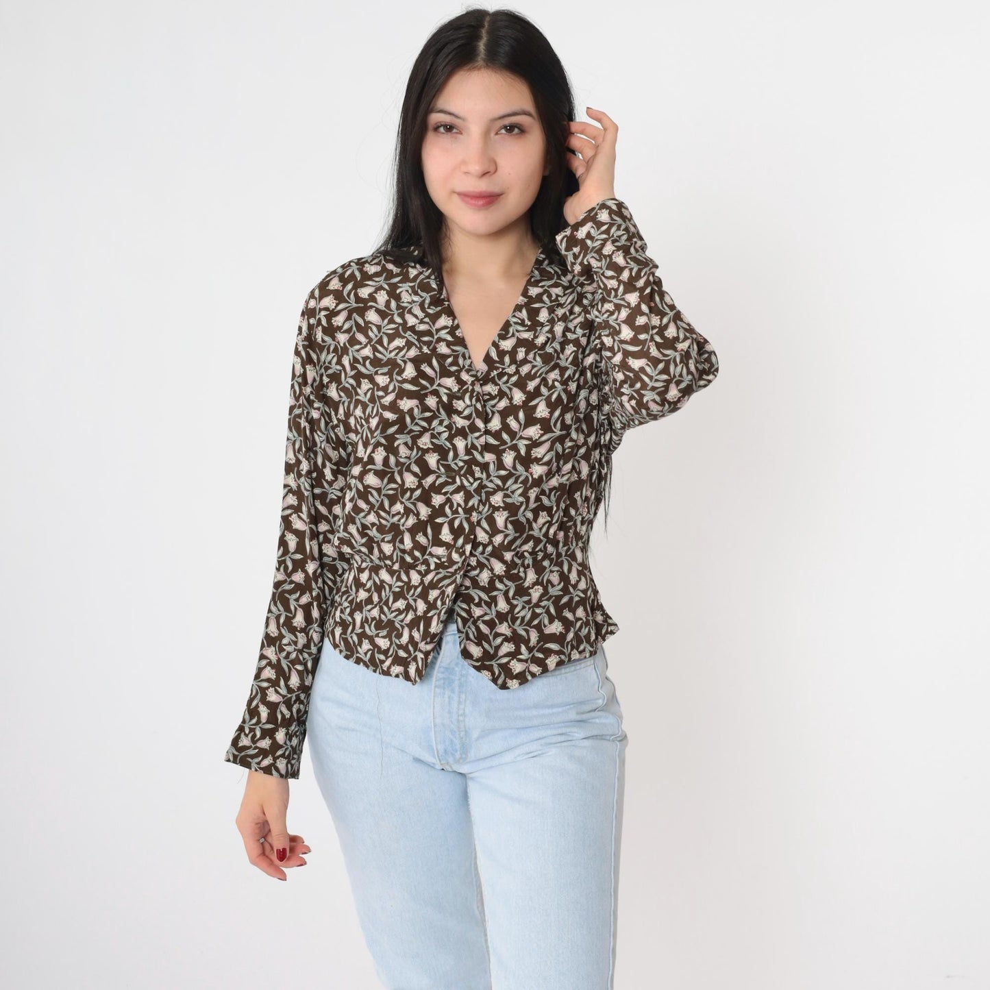 90s Carole Little Floral Button-Up Blouse Brown Peplum Petite Medium