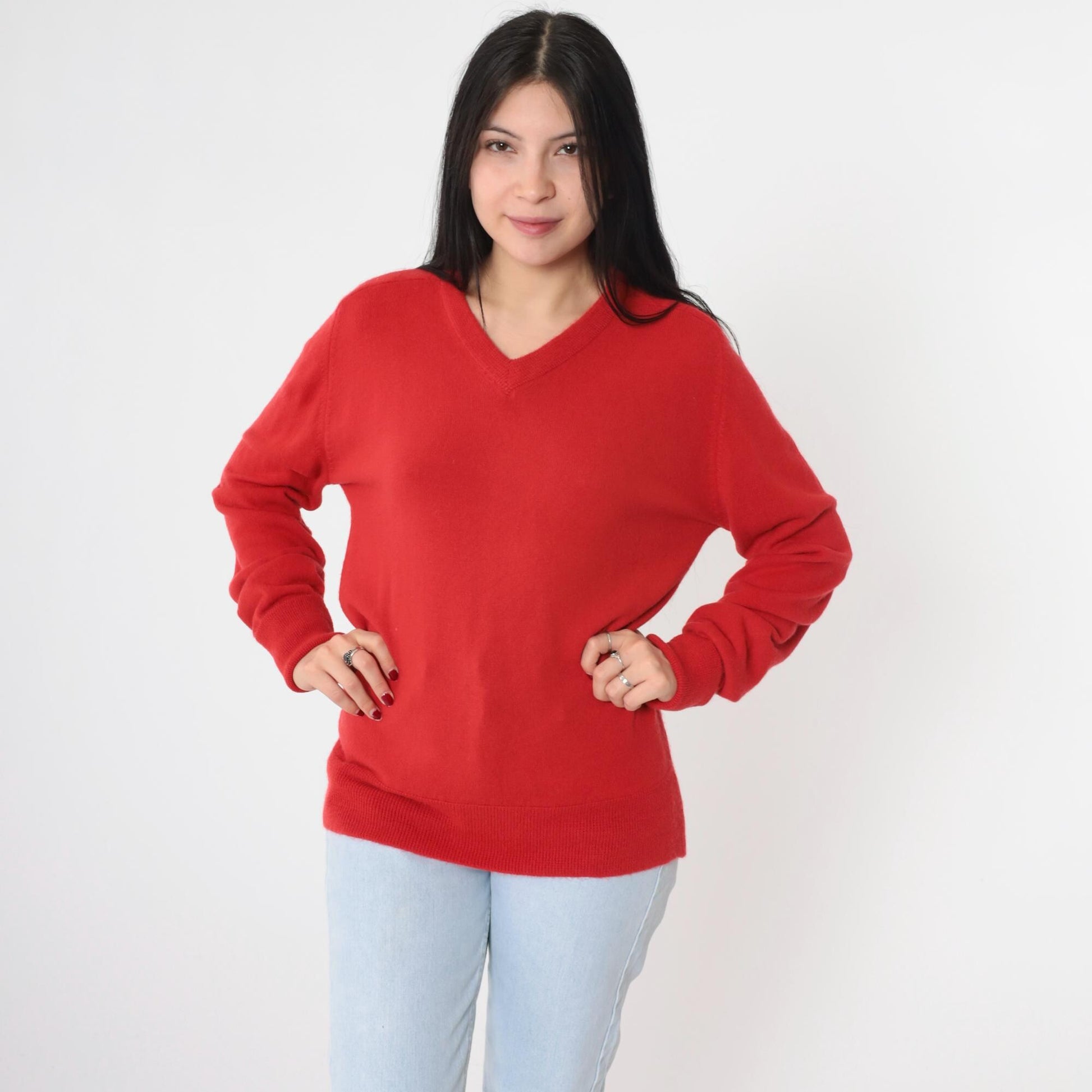 80s Monterey Knits Red V-Neck Pullover Sweater Medium Large