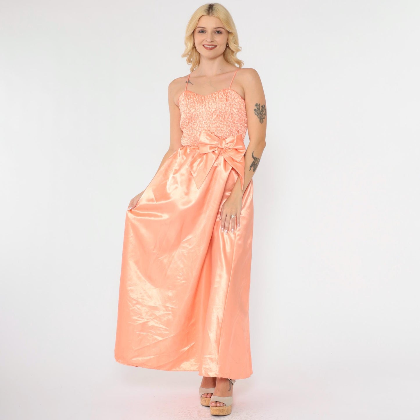 80s Peach Satin Maxi Gown Sweetheart Neckline Bow Waist Ruched XXS