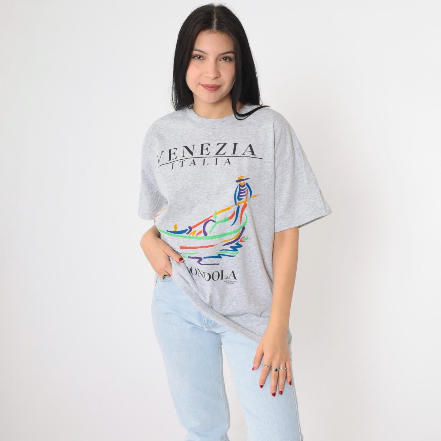 90s Venezia Italia La Gondola Venice Graphic T-Shirt Grey Large L