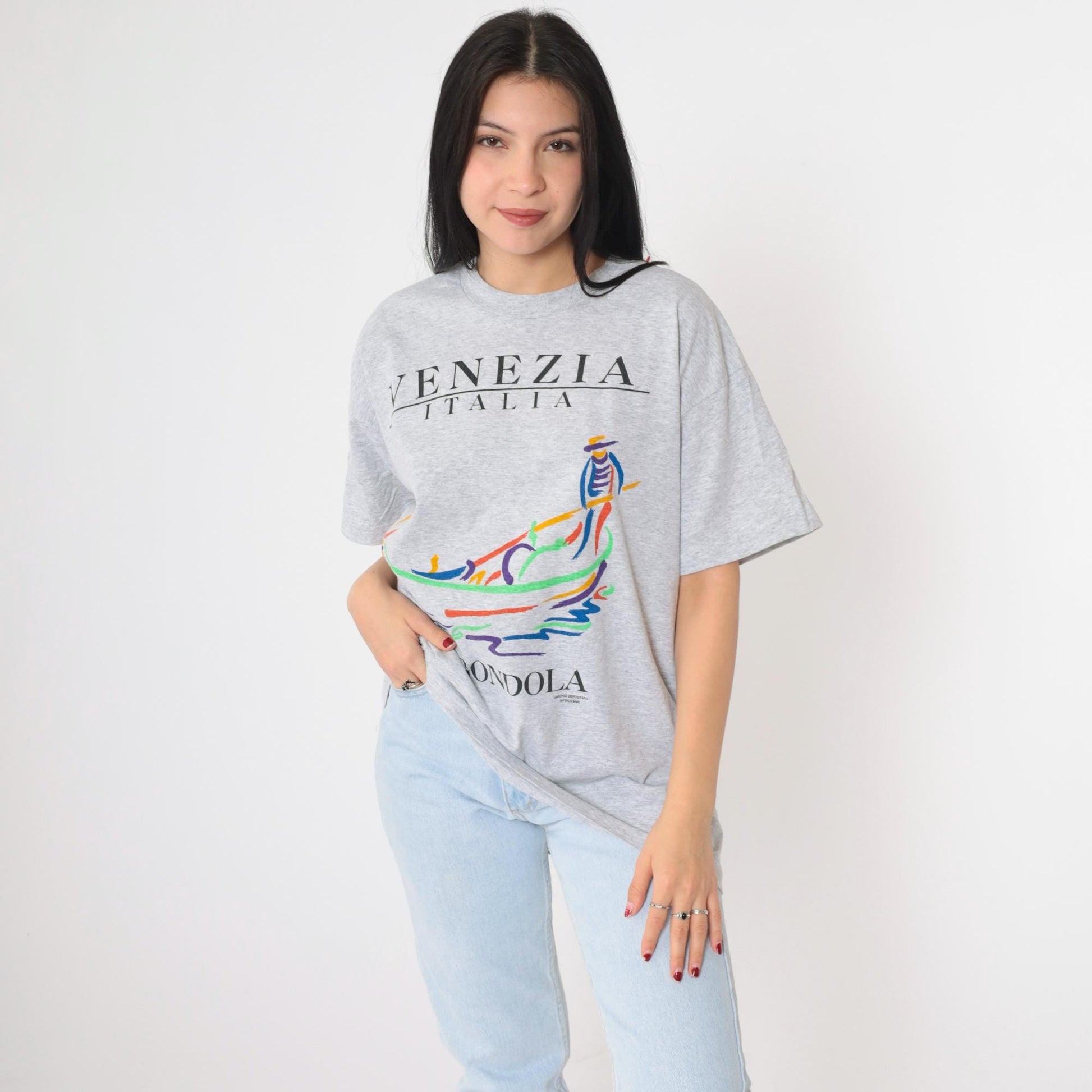 90s Venezia Italia La Gondola Venice Graphic T-Shirt Grey Large L