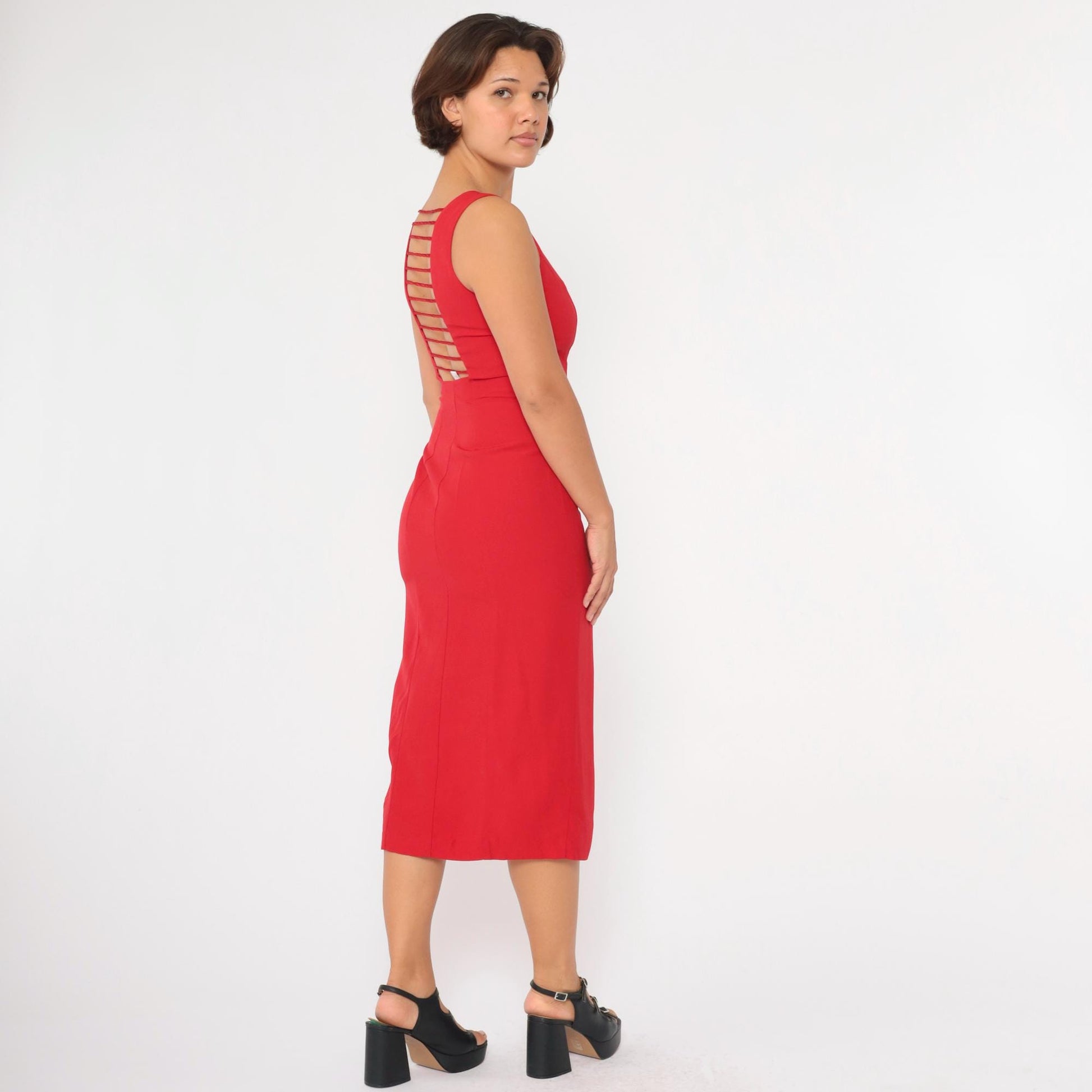 90s Joseph Ribkoff Red Midi Sheath Dress Cage Back Square Neck Small 4