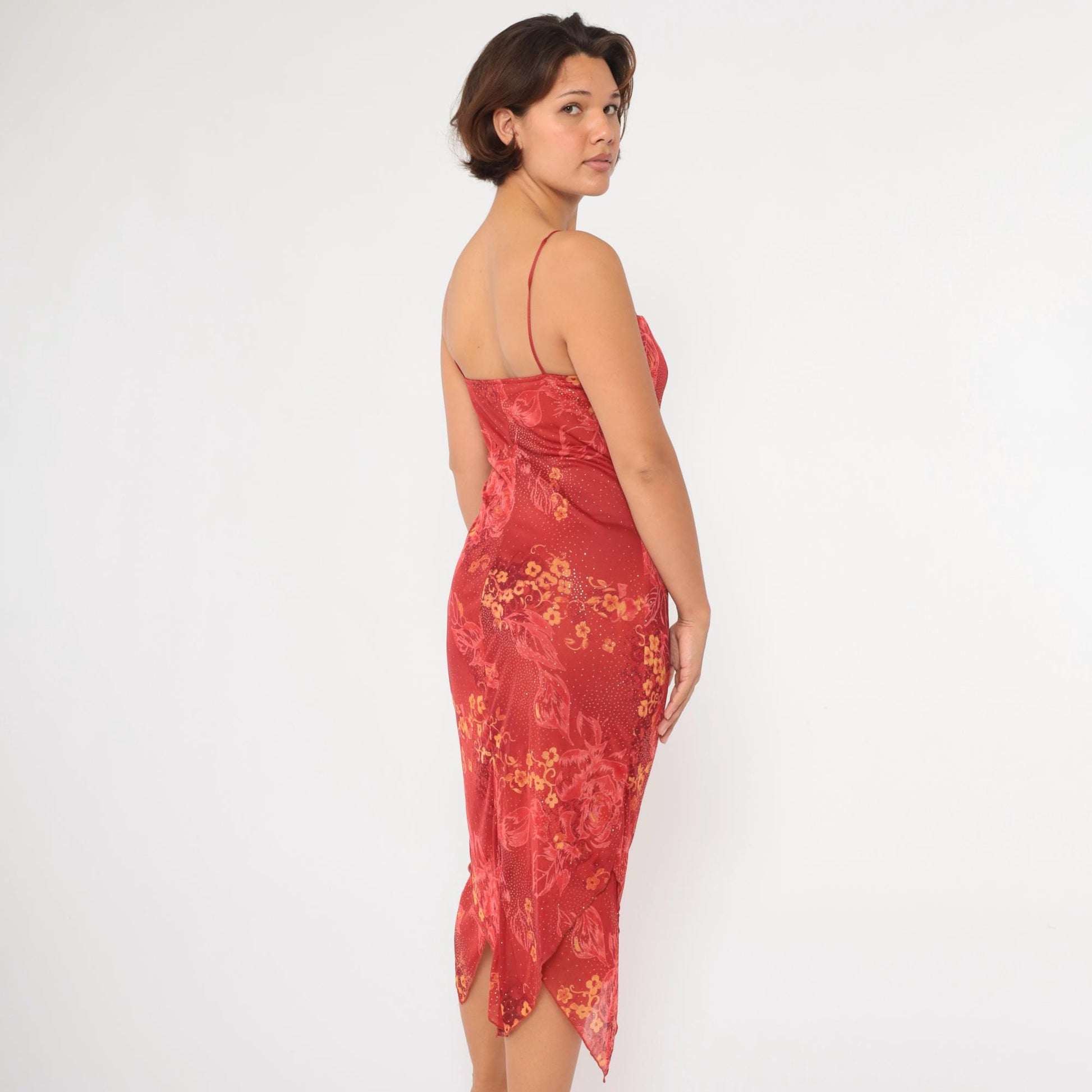 Y2K Red Floral Sparkle Chiffon Hanky Hem Midi Dress Medium