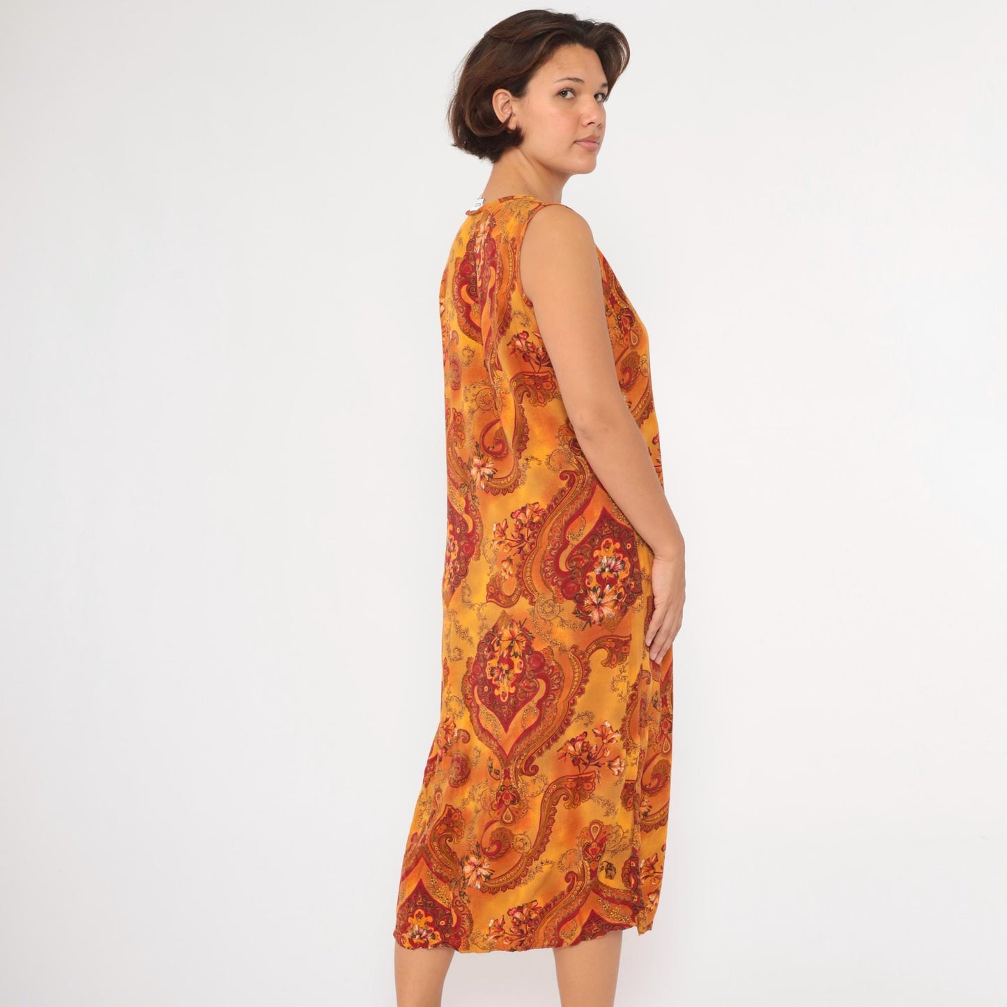 90s Floral Paisley Midi Dress Orange Red Rayon Sleeveless V-Neck Medium