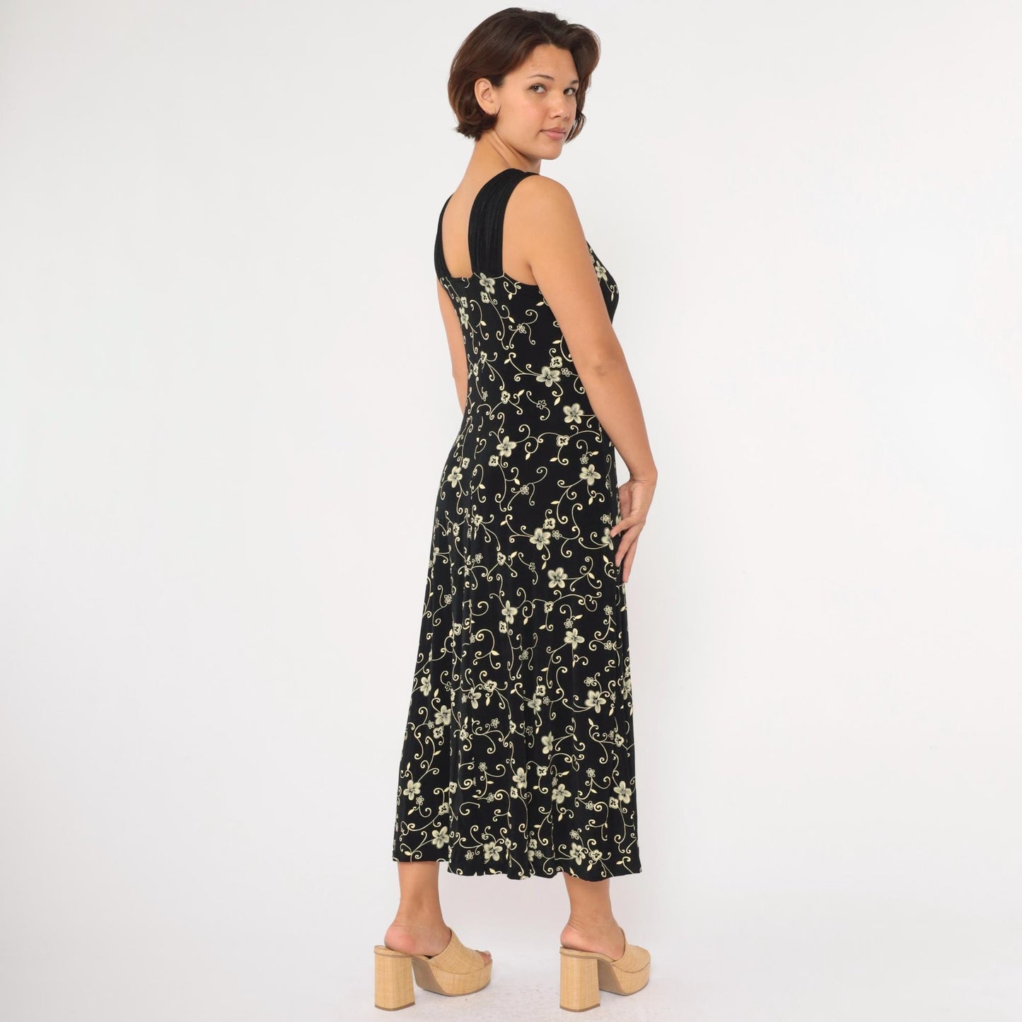 90s Black Floral Maxi Dress Sleeveless Scoop Neck Yellow Print Large