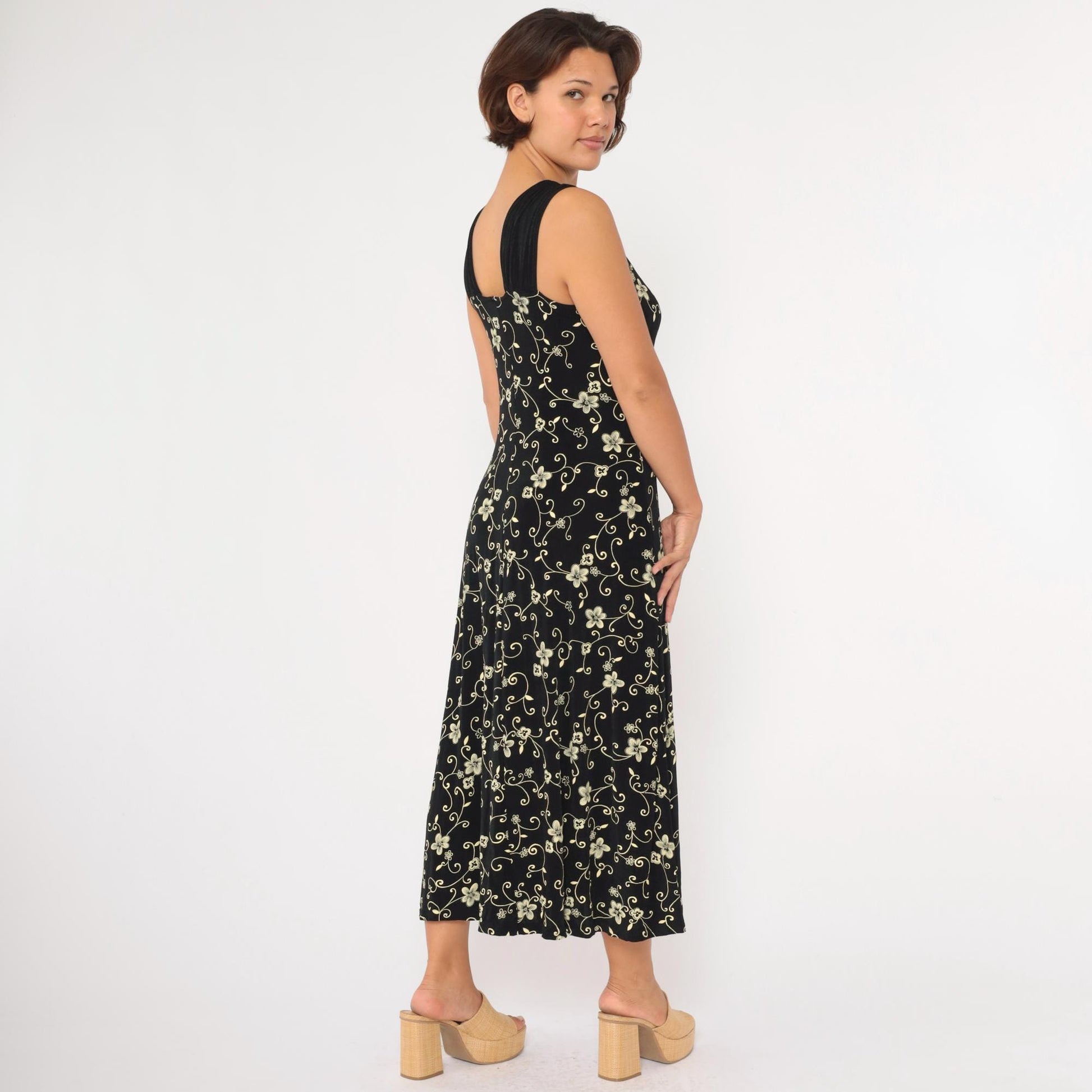 90s Black Floral Maxi Dress Sleeveless Scoop Neck Yellow Print Large