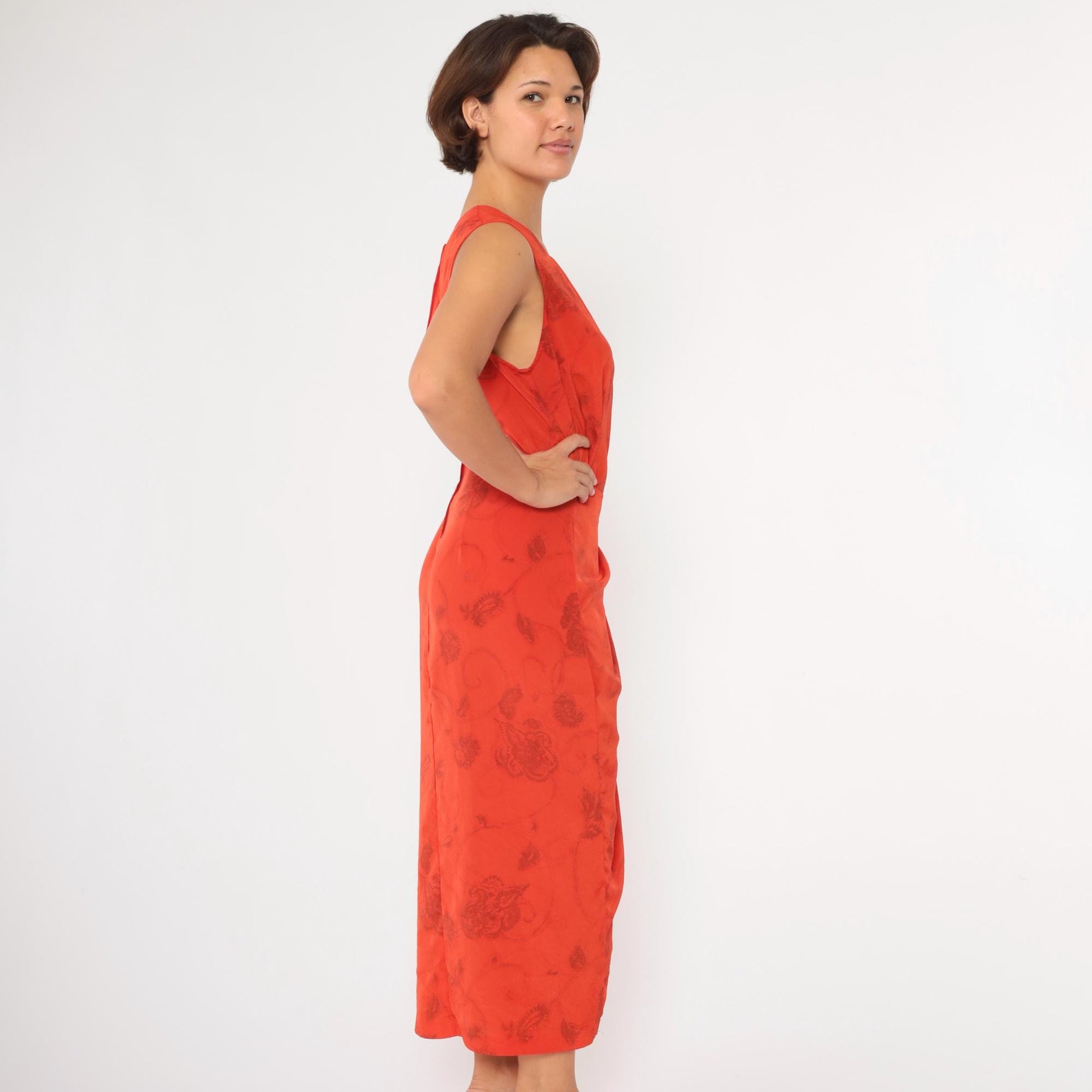 90s Studio C Plus Floral Maxi Dress Orange Red Square Neck Sleeveless Extra Large XXL