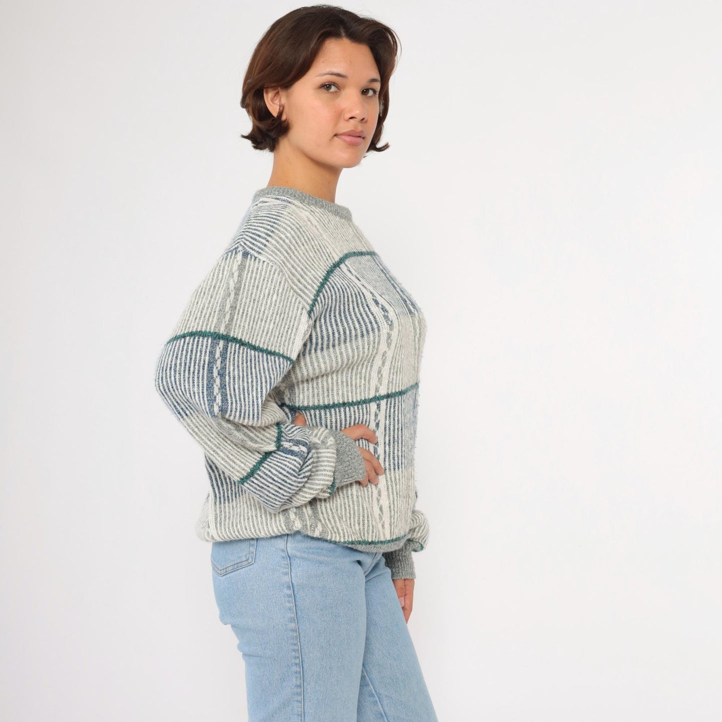 80s Striped Knit Sweater Blue Grey Pullover Extra Large XL