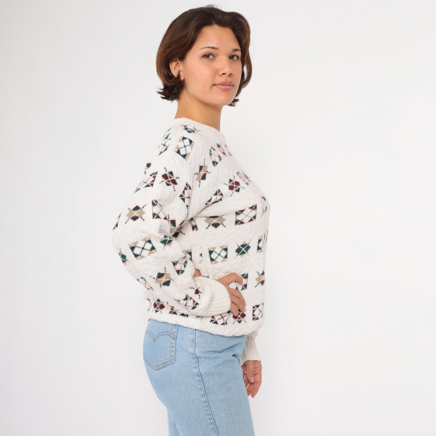 90s Argyle Sweater Off-White Cotton Crewneck Pullover Medium