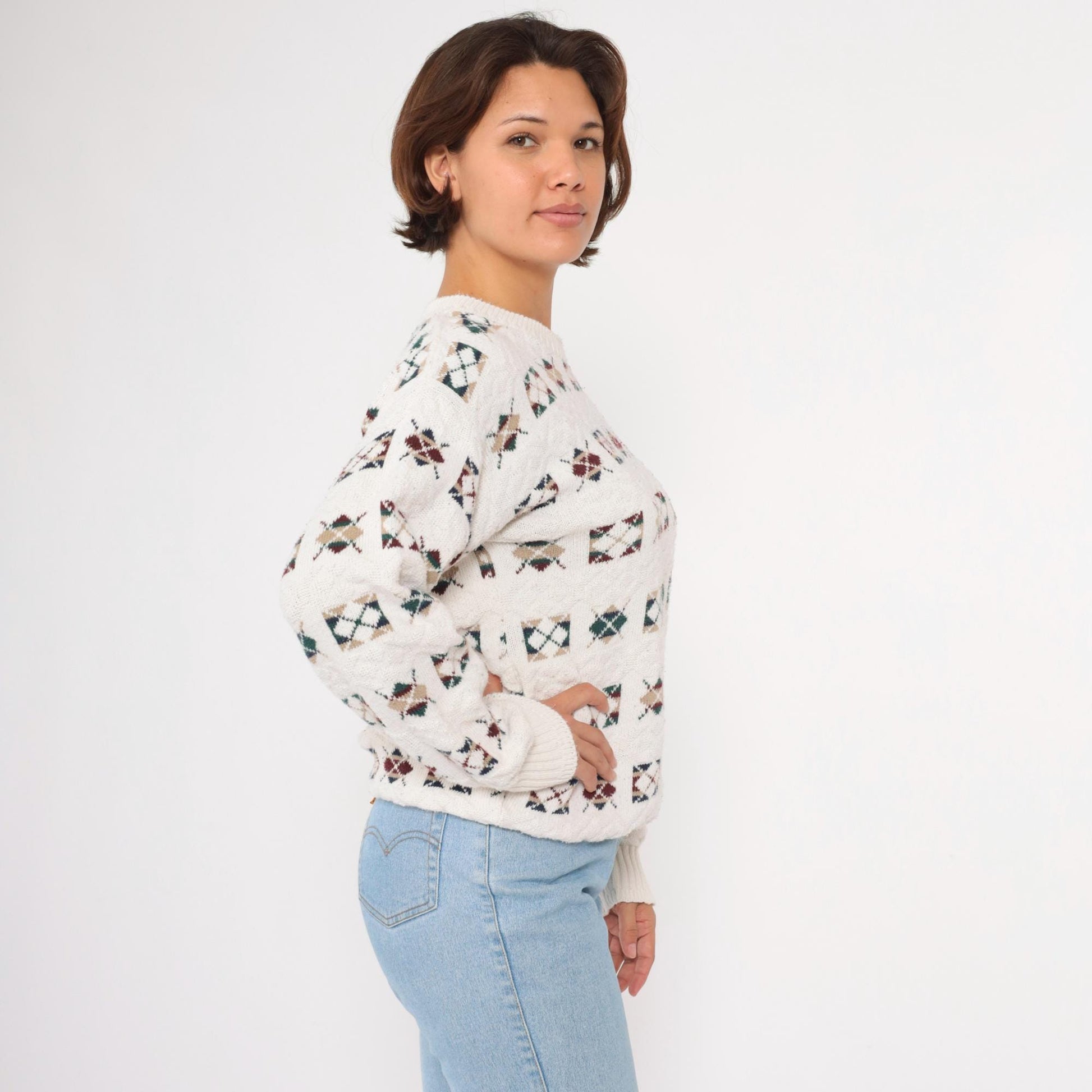 90s Argyle Sweater Off-White Cotton Crewneck Pullover Medium