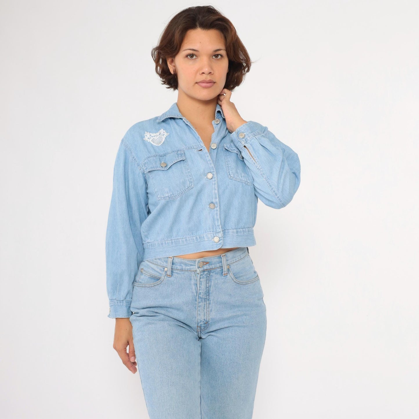 90s Light Wash Denim Crop Shirt Lace Heart Detail Button Up Small
