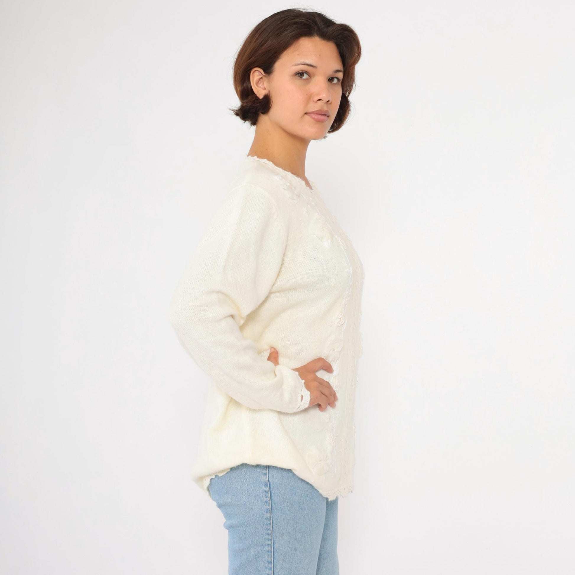 90s Koret White Cable Knit Sweater Floral Embroidered Beaded Crochet Lace Large