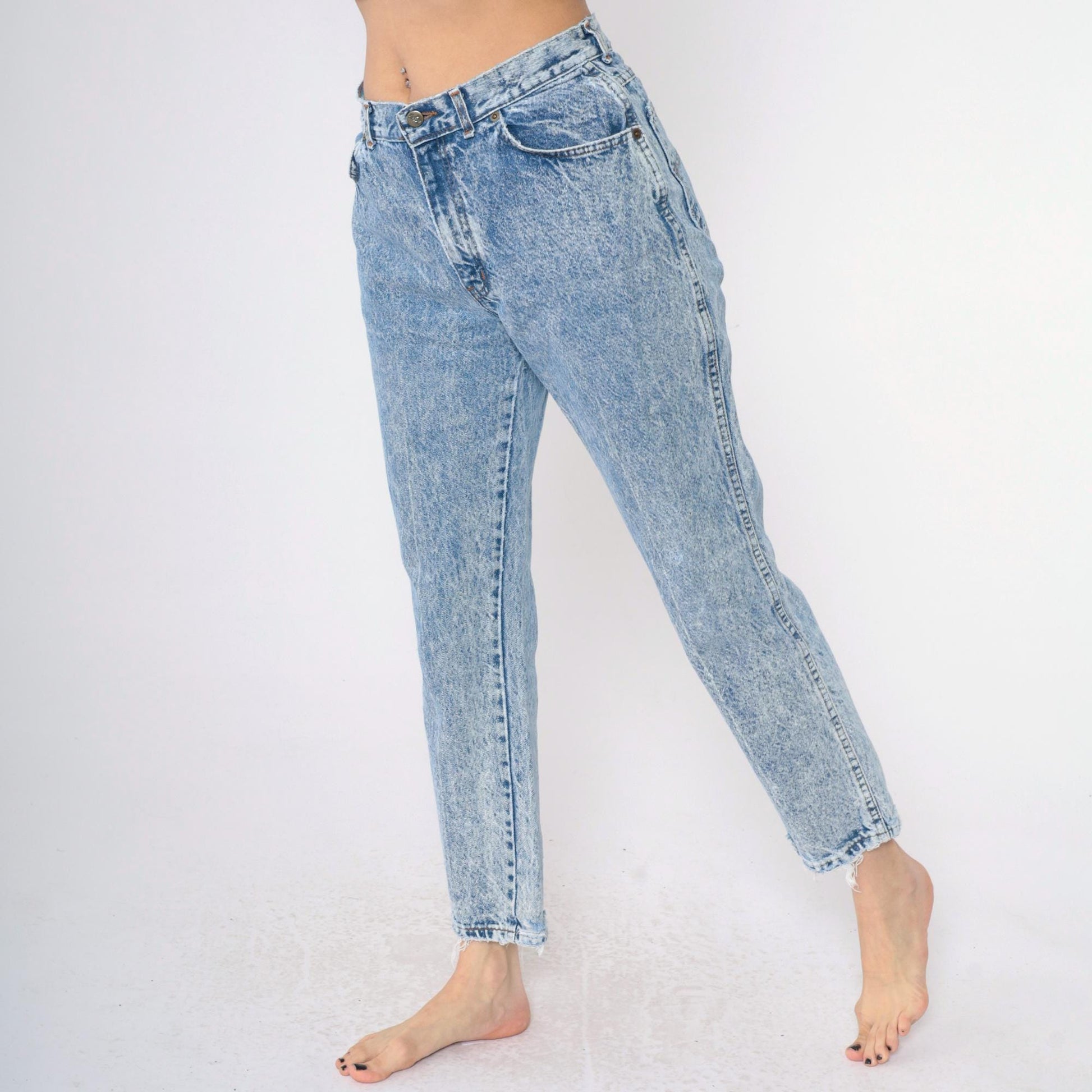 80s Acid Wash High Waist Tapered Jeans Chic Blue Denim Small