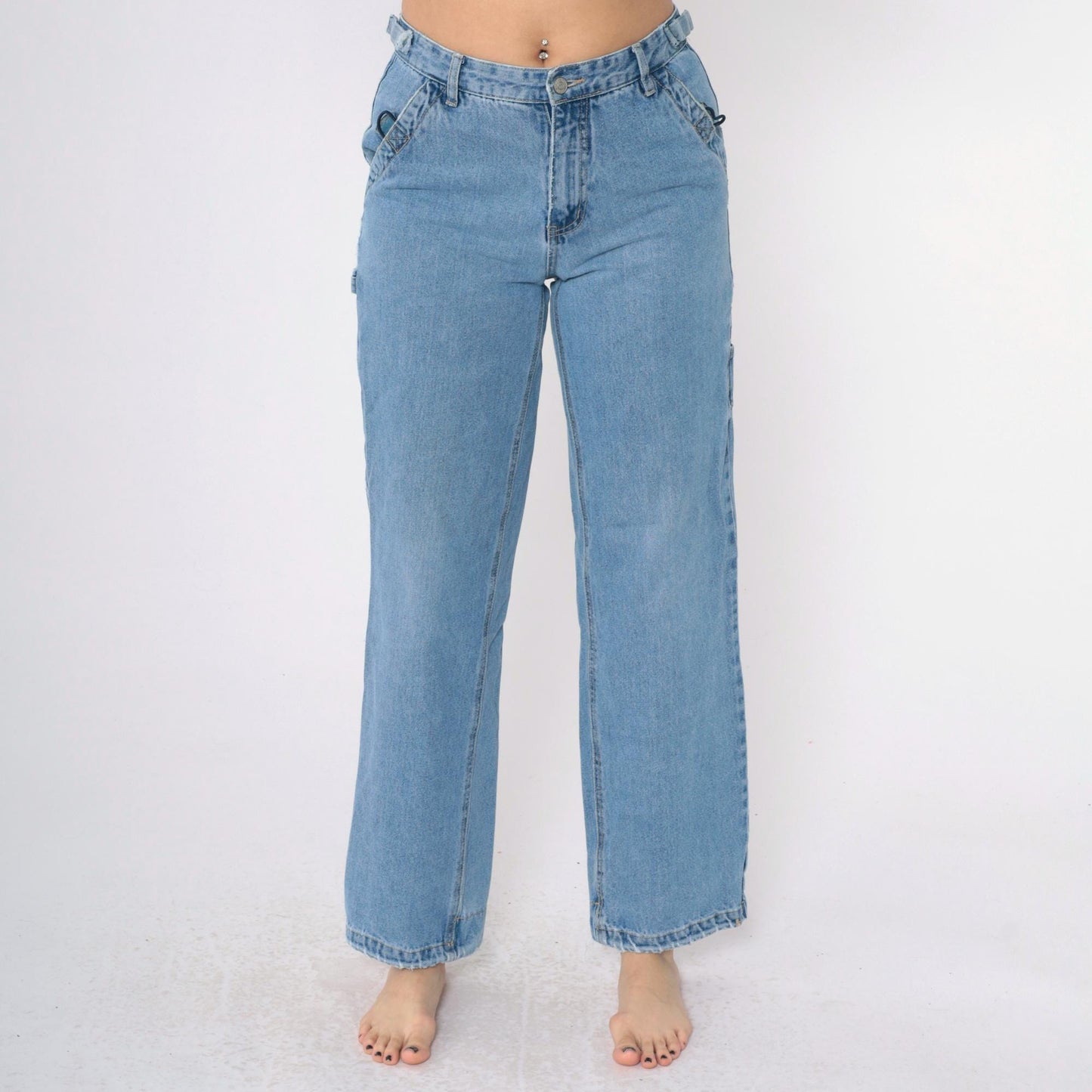 00s Rue21 Cargo Jeans Blue Denim Straight Leg Mid Rise Small 27
