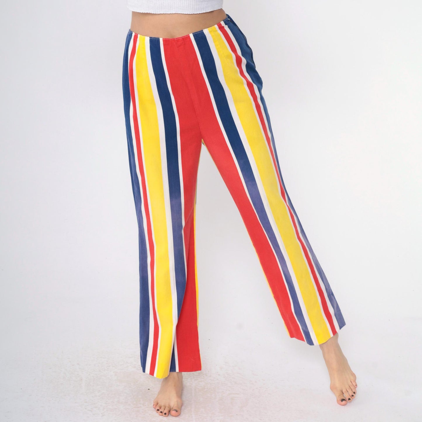 1960s Striped Bell Bottom Pants High Waist Yellow Red Blue Medium