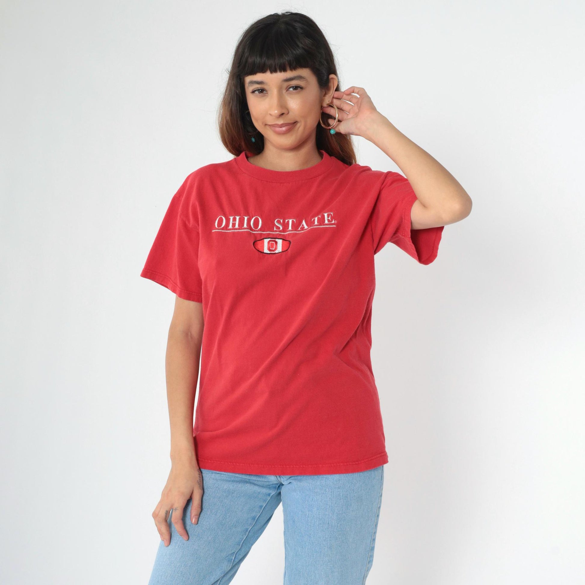 90s Ohio State Buckeyes Football Embroidered T-Shirt Red Medium