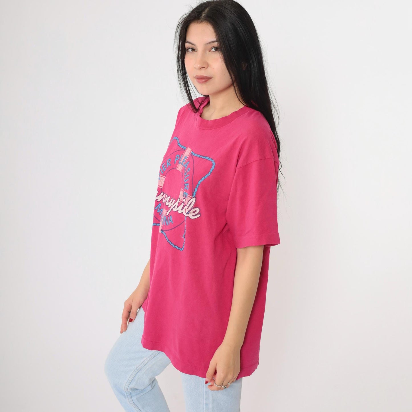 90s Pier Pleasure Sunnyside Marina Graphic T-Shirt Hot Pink Cotton Large L