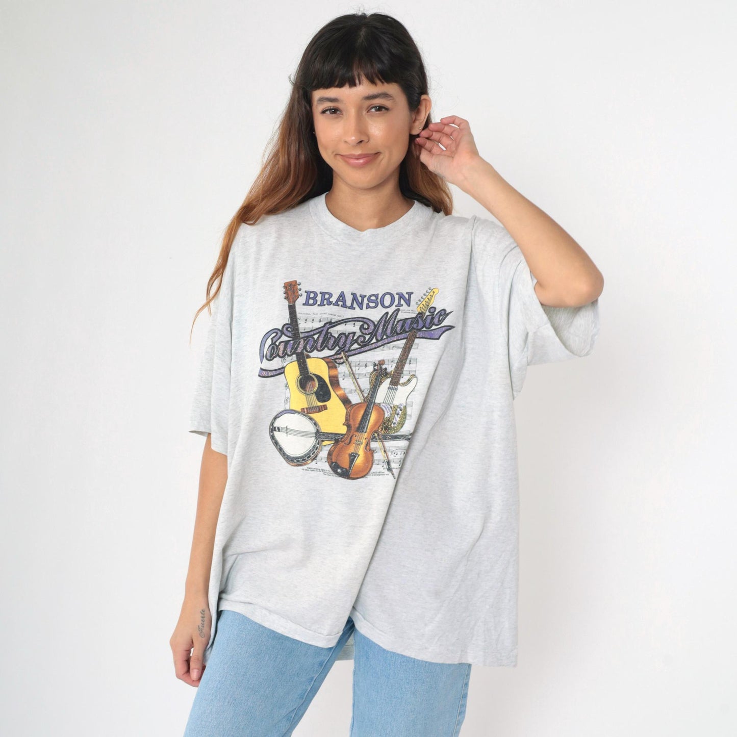 90s Branson Missouri Country Music Graphic T-Shirt Glitter Guitar Banjo Violin Grey Extra Extra Large XXL