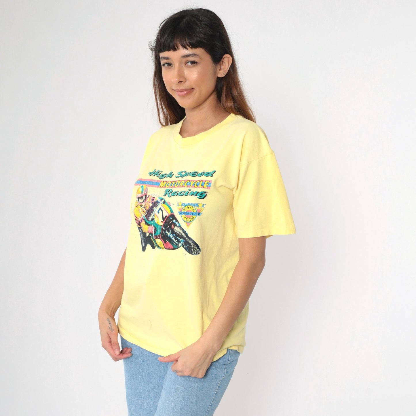 90s High Speed Motorcycle Racing Graphic T-Shirt Yellow Medium